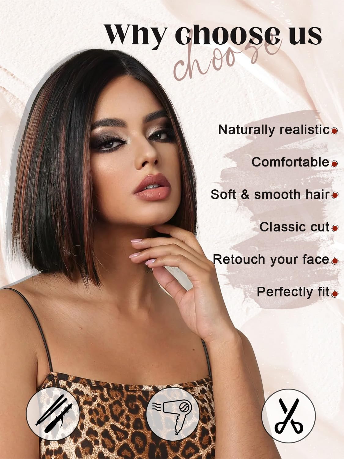 Forfeels Brown Bob Wig 10 Inch Synthetic Straight Wig With Side Part Natural Looking Heat Resistant Wig With Highlights For Wome