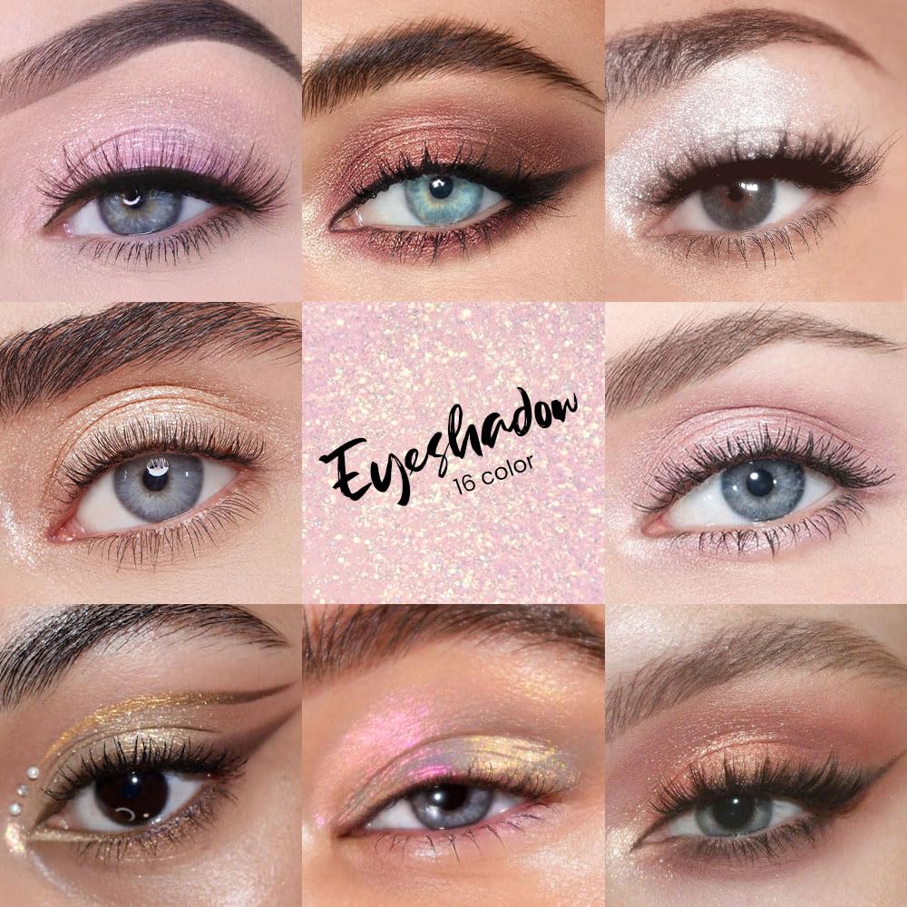 16 Color Pink Champange Brown Gold Colorful Matte Glitter Shimmer Eyeshadow Palette With Mirror For Eye Makeup,Highly Pigmented