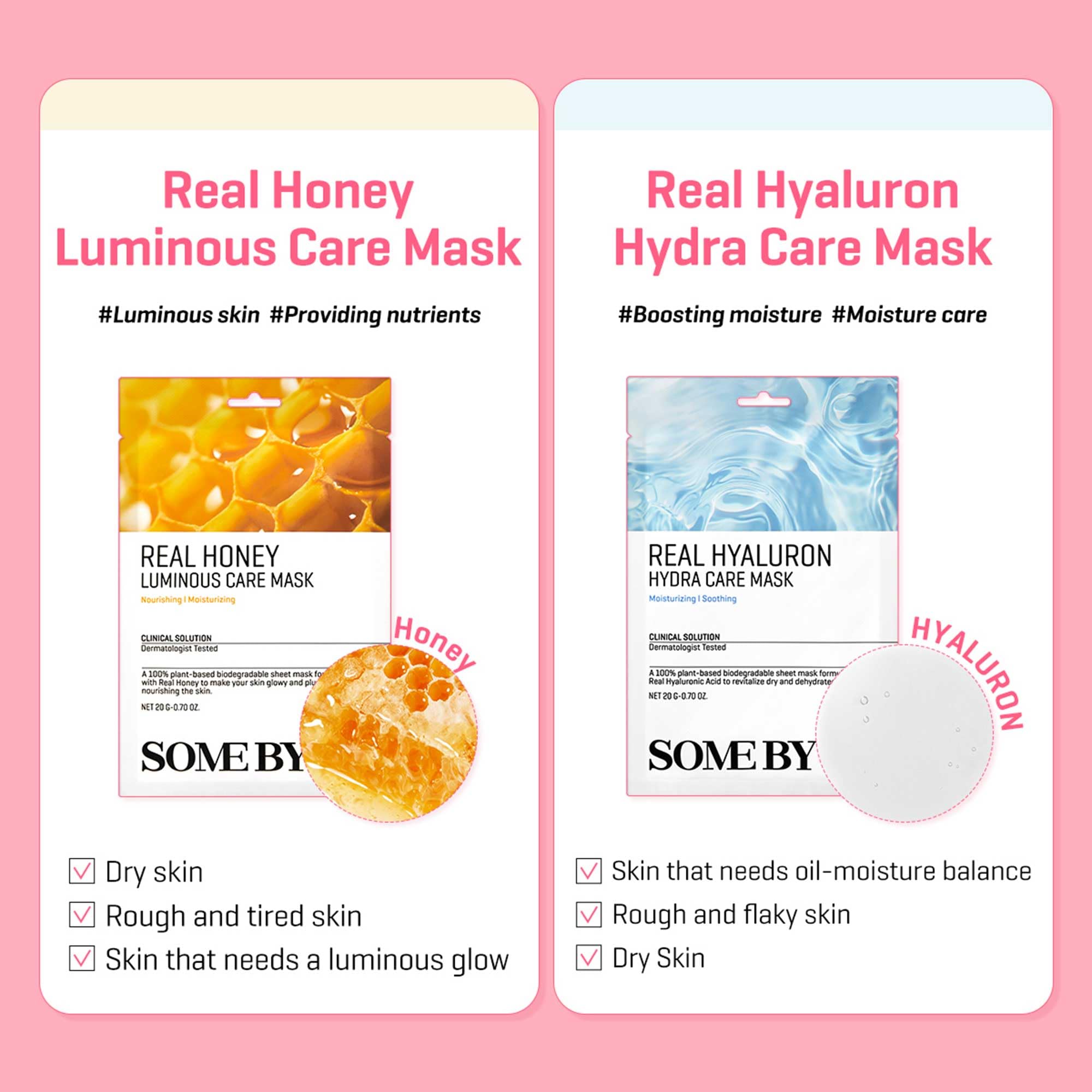 Some By Mi Real Hyaluron Hydra Care Mask - Pack Of 10 - Made From Hyaluronic Acid For Dry And Oily Skin - Daily Vegan Korean She