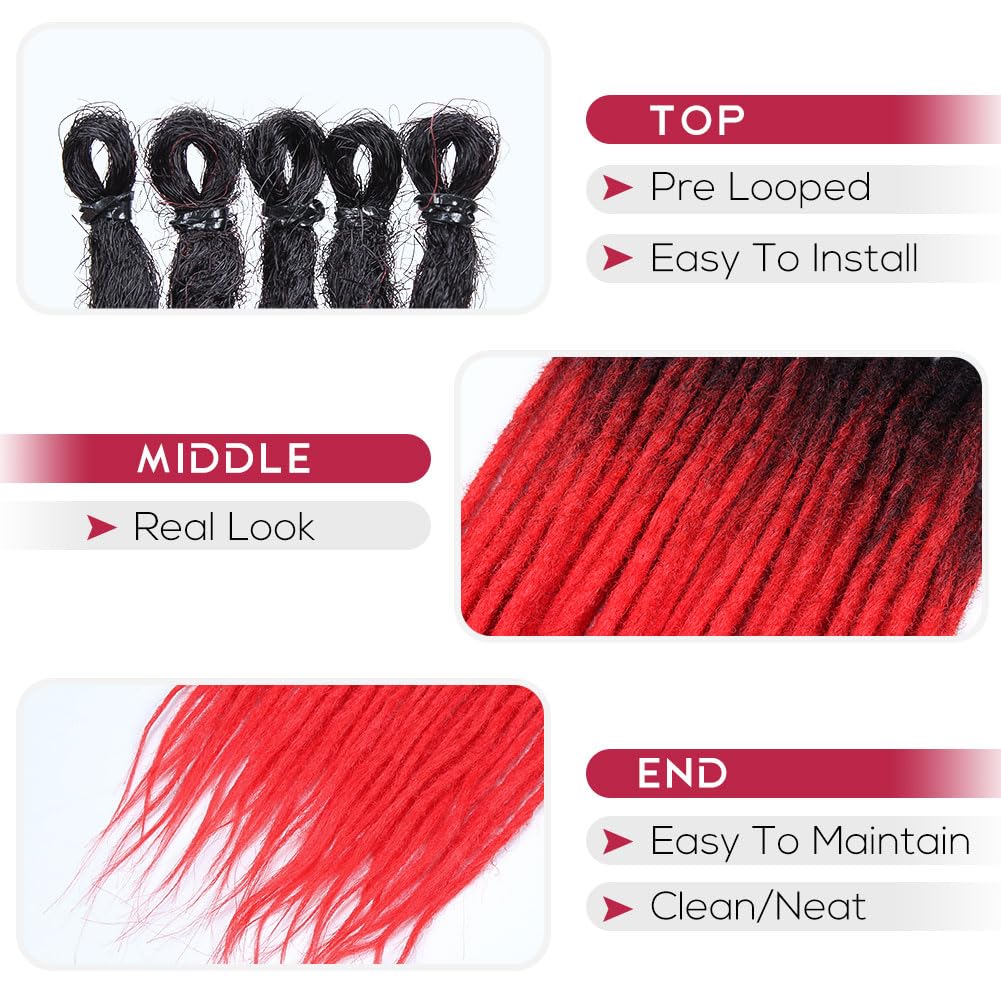 Kraler 22 Inch 40 Strands Dreadlock Extensions, Thin 0.6Cm Width Black To Red Synthetic Crochet Dreads Extensions 100% Handmade