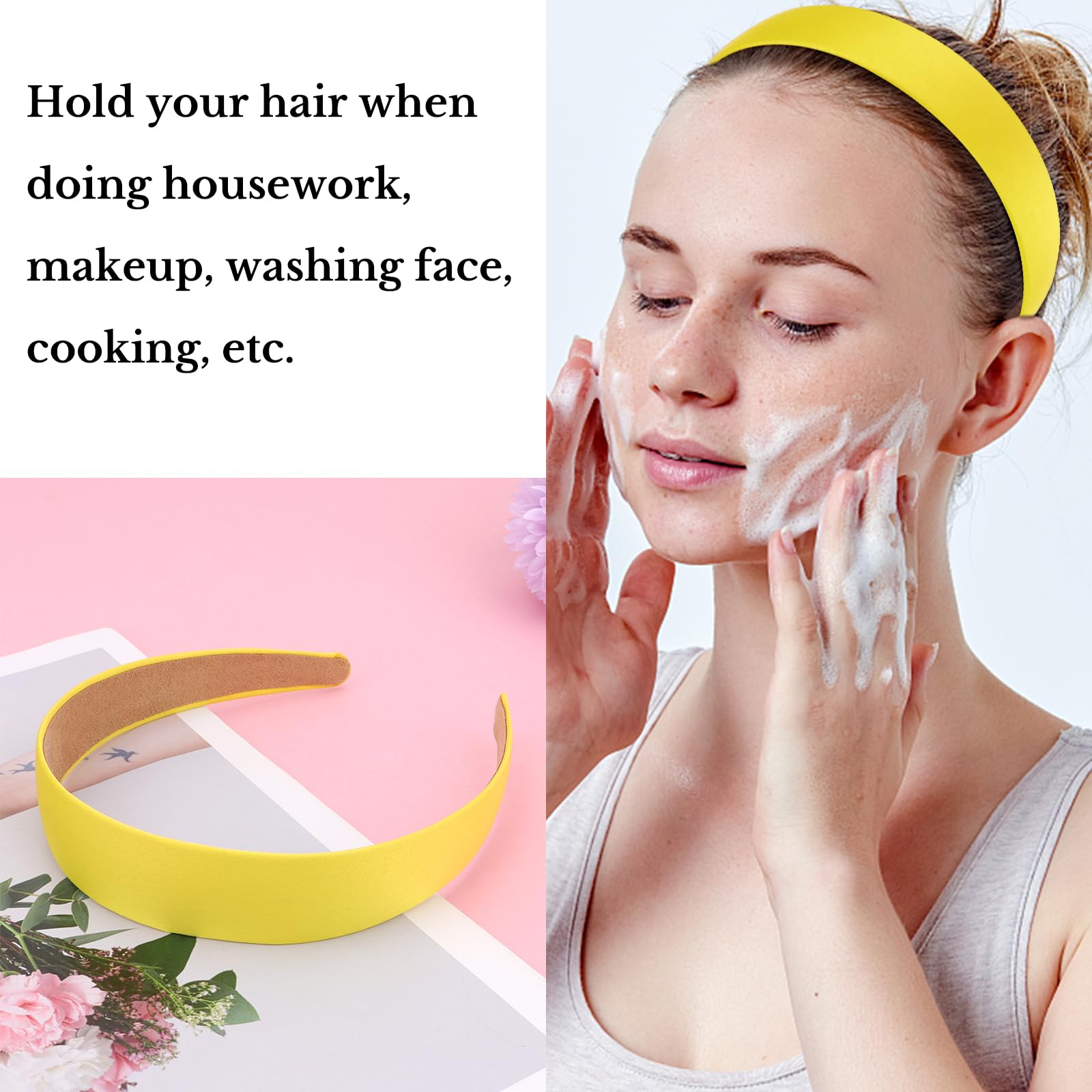 Wecoe Yellow Headband 1.2 Inch Wide Silk Satin Headband Women Non Slip Fashion Plain Head Band Solid Hair Band DIY Holiday Hair