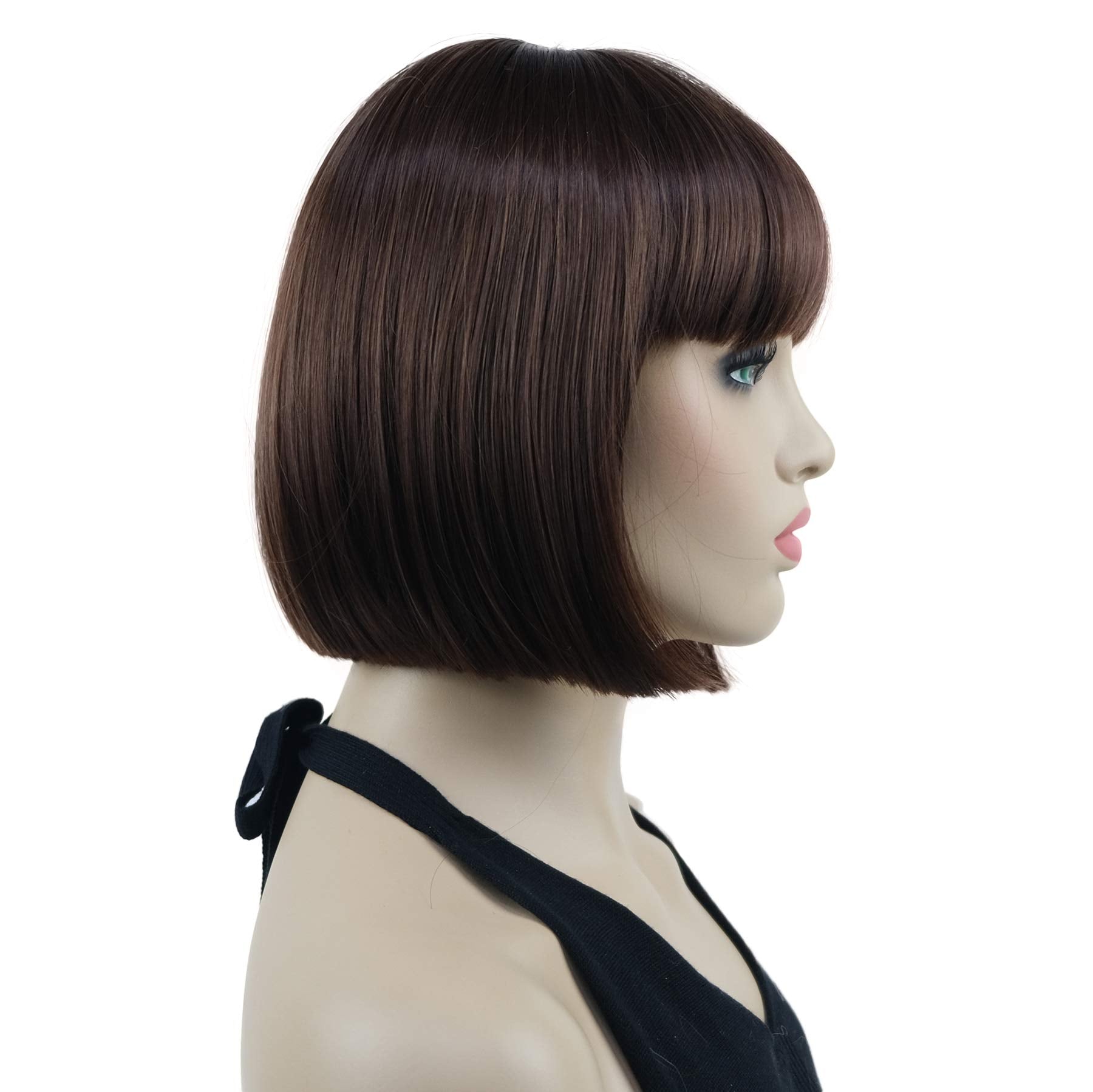 Lydell 8'' Straight Short Bob Hair Flat Bangs Cute Central Dot Skin Top Heat Resistant Synthetic Wigs (31 Medium Auburn)