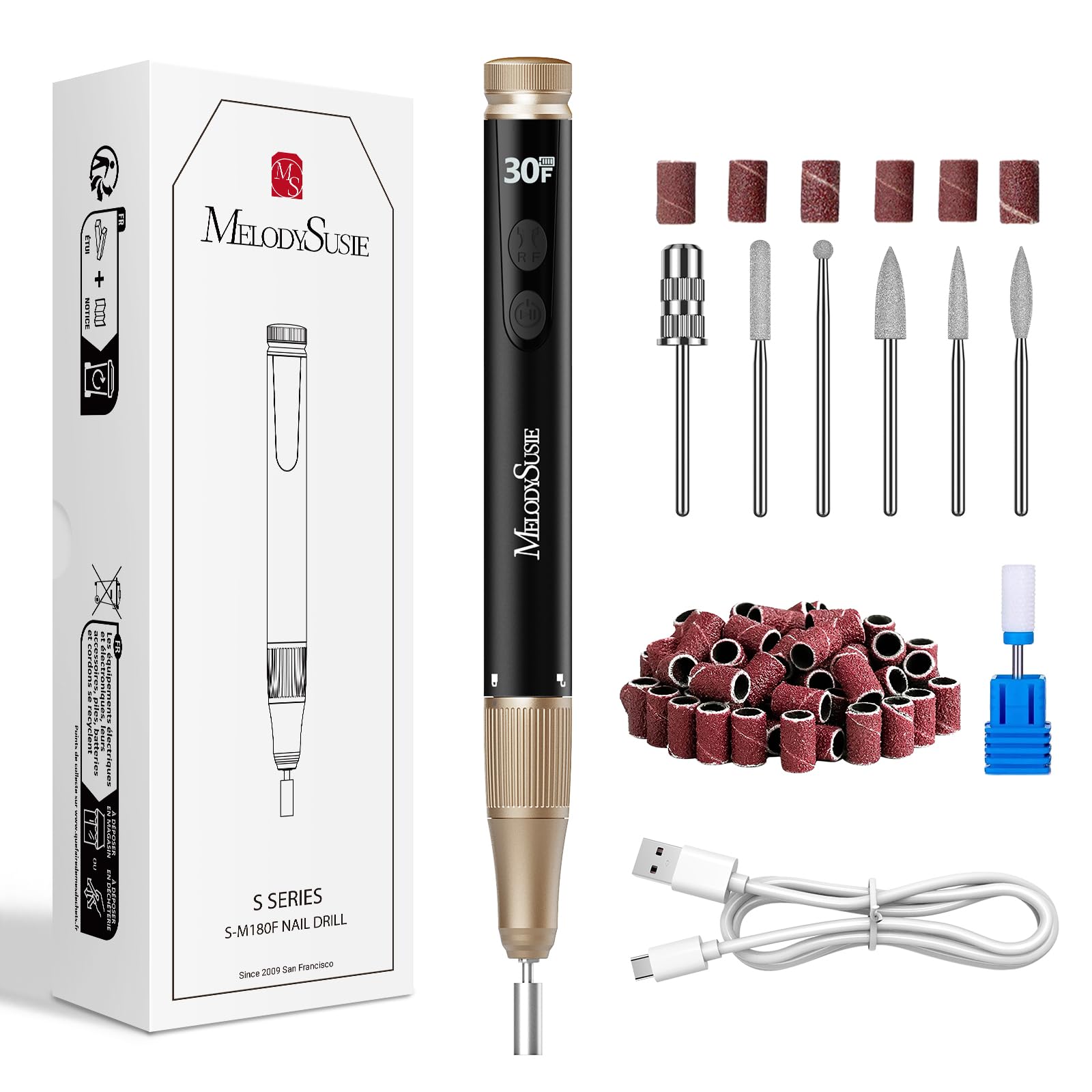 MelodySusie 30000RPM Portable Electric Nail Drill,SM180F Cordless Rechargeable Nail File Kit for Acrylic & Gel Nails, Stepless S