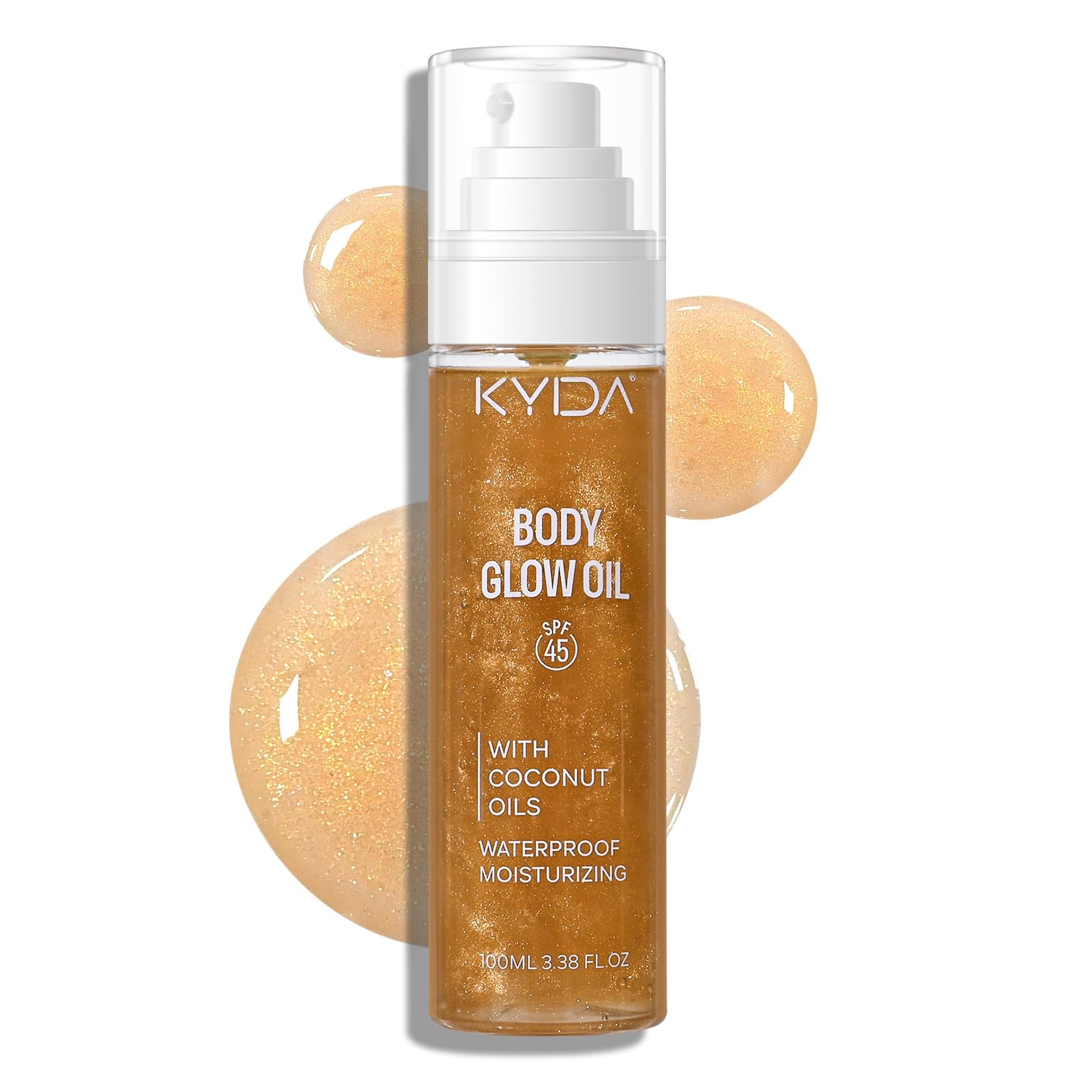 Sunscreen Body Glow Oil, Broad Spectrum SPF 45, Lightweight Water Resistant Shimmering Body Oil with Gold Mica, Non-Sticky Glow 