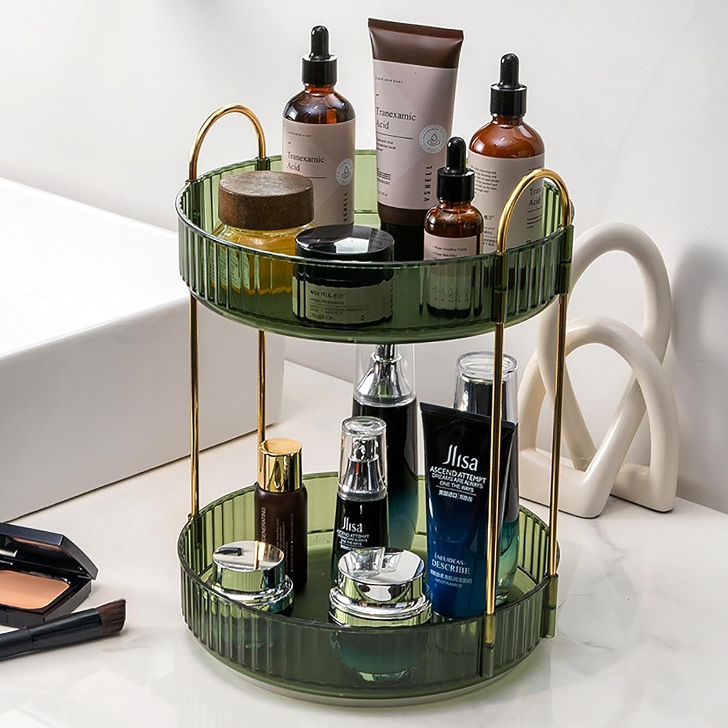 Zufudo Rotating Makeup Organizer 2 Tier Lazy Susan Trays Skincare Perfume Organizer For Bathroom Counter Vanity, Green Gold