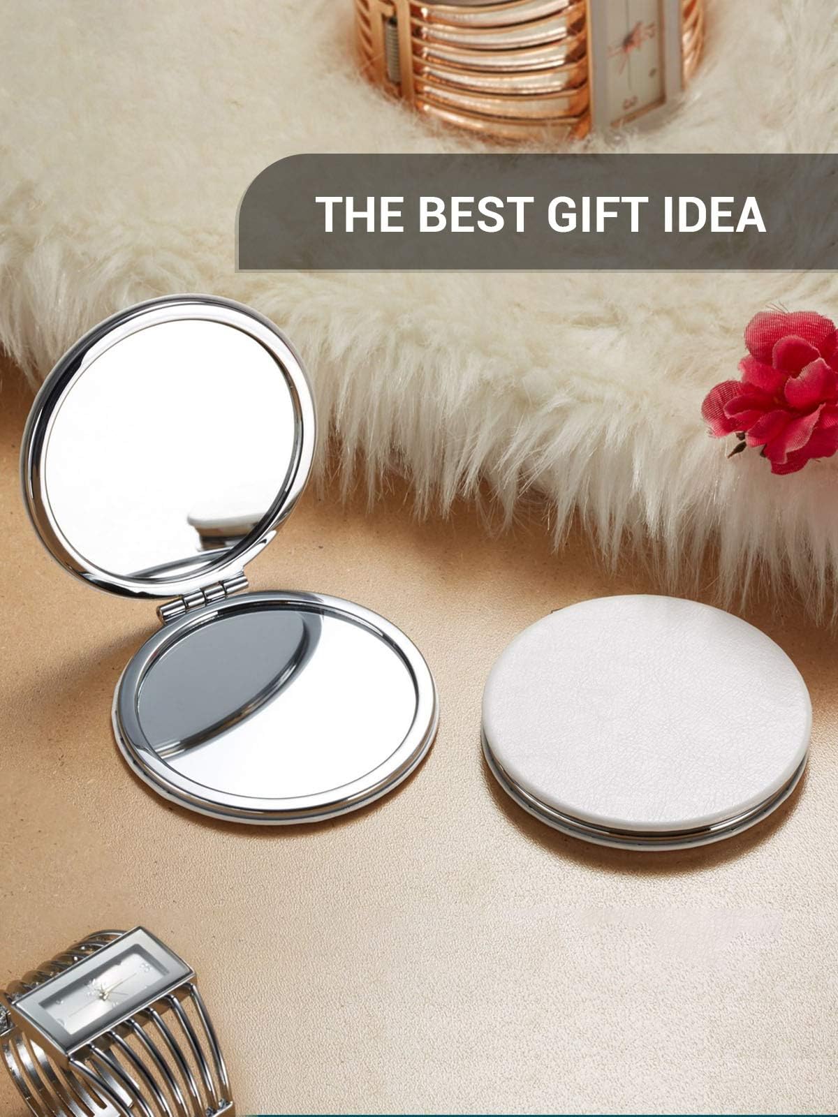 Getinbulk Compact Mirror,Double-Sided Makeup Small Mirror For Purse With 1X/3X Magnification Pu Leather (White, 2.8'')