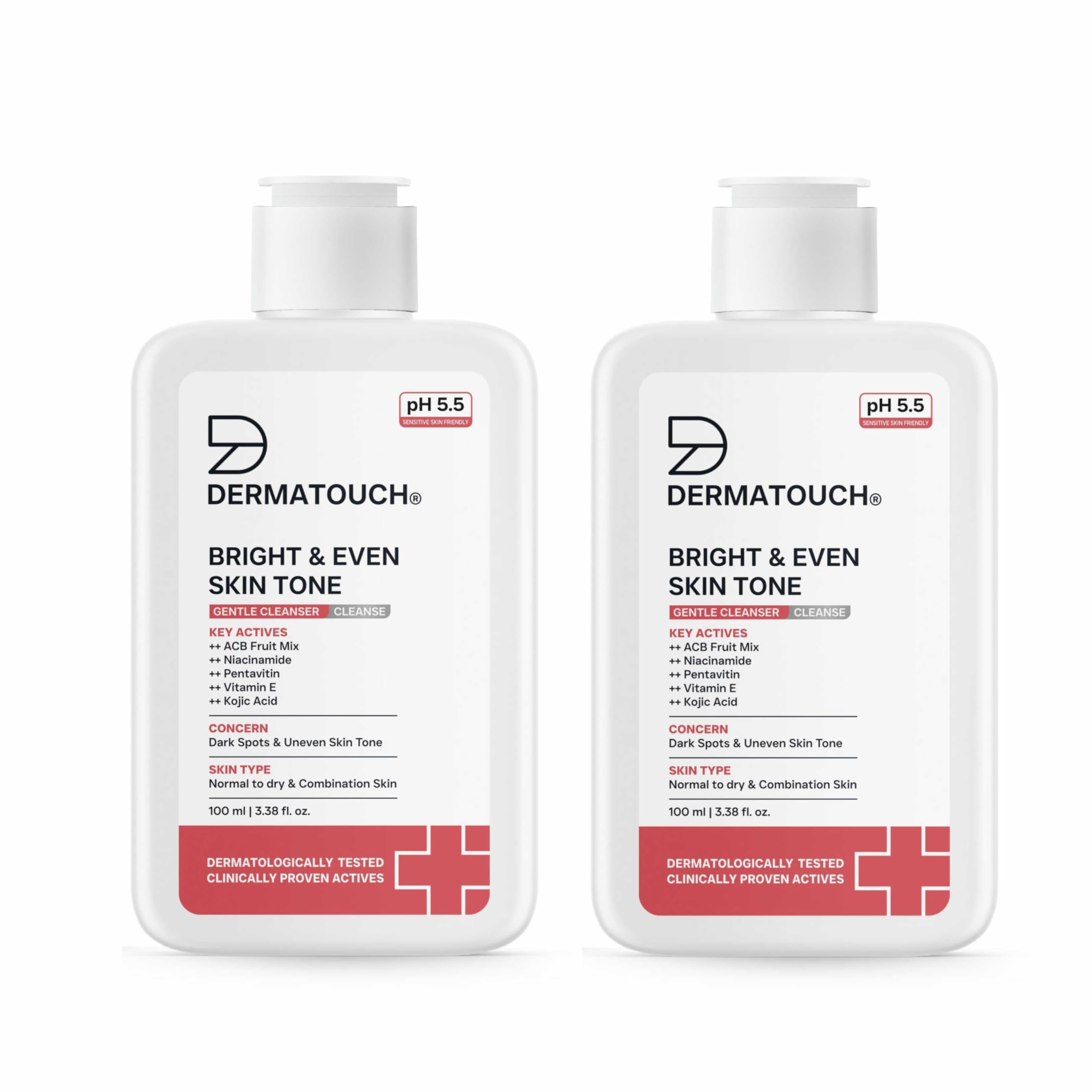 Dermatouch Bright & Even Skin Tone Gentle Cleanser | Helps Reduce Dark Spots & Uneven Tone | Ph 5.5 Daily Face Wash | 100Ml (Pac