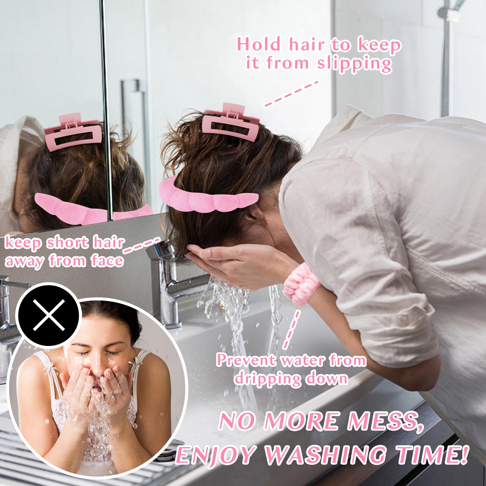 Wecoe Pink Blue Spa Headband And Wristband Set Skincare Headband For Washing Face Hair Claw Clips For Thick Hair Cute Puffy Spon