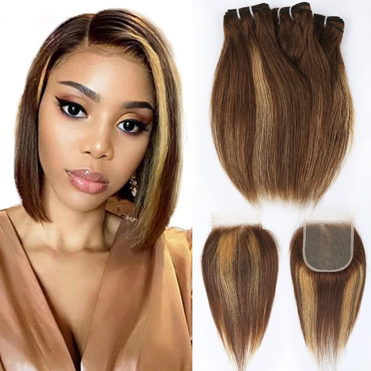 FQ 4/27 Highlight Bundles and Closure Straight P4/27 Human Hair Bundles with Closure(10 10 10+10) Brazilian Ombre Blonde Colored