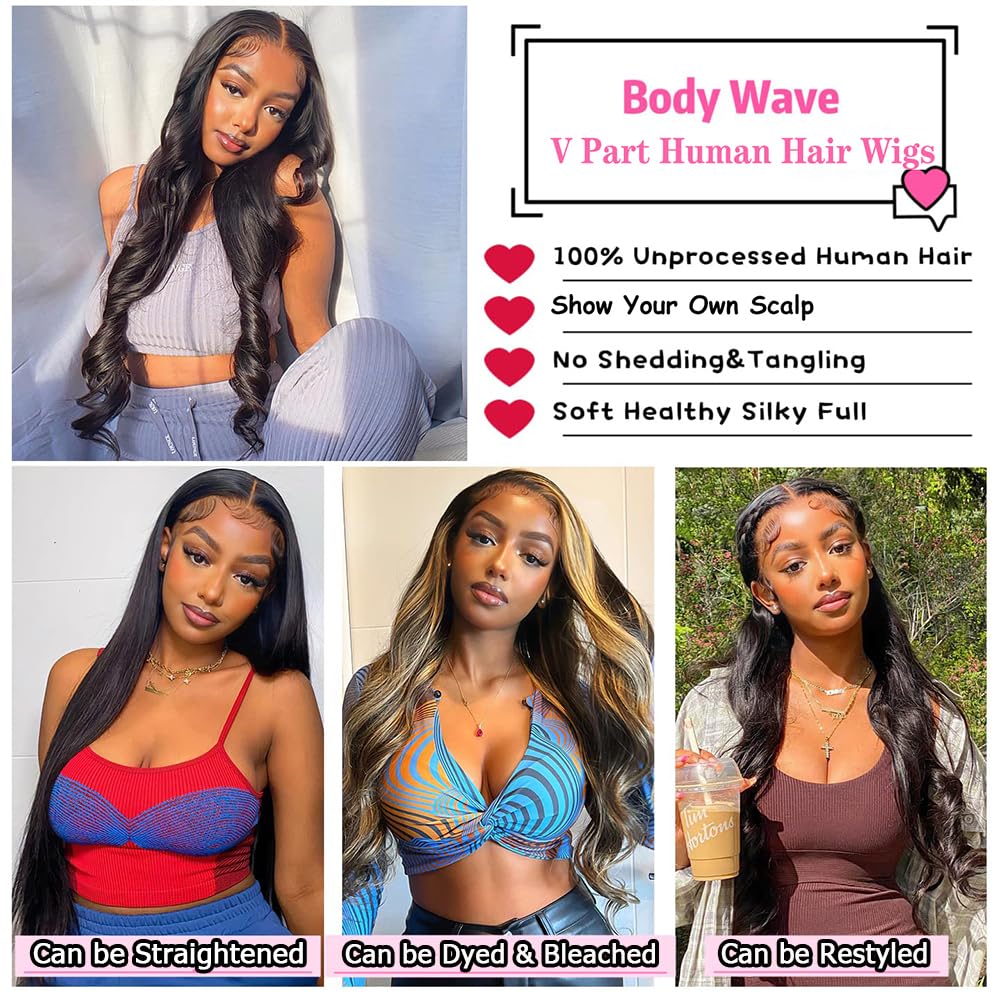 Xagujpo Body Wave V Part Wigs Human Hair For Women Glueless Upgrade U Part Wigs Machine Made Clips In V Part Wig Leave Out Real