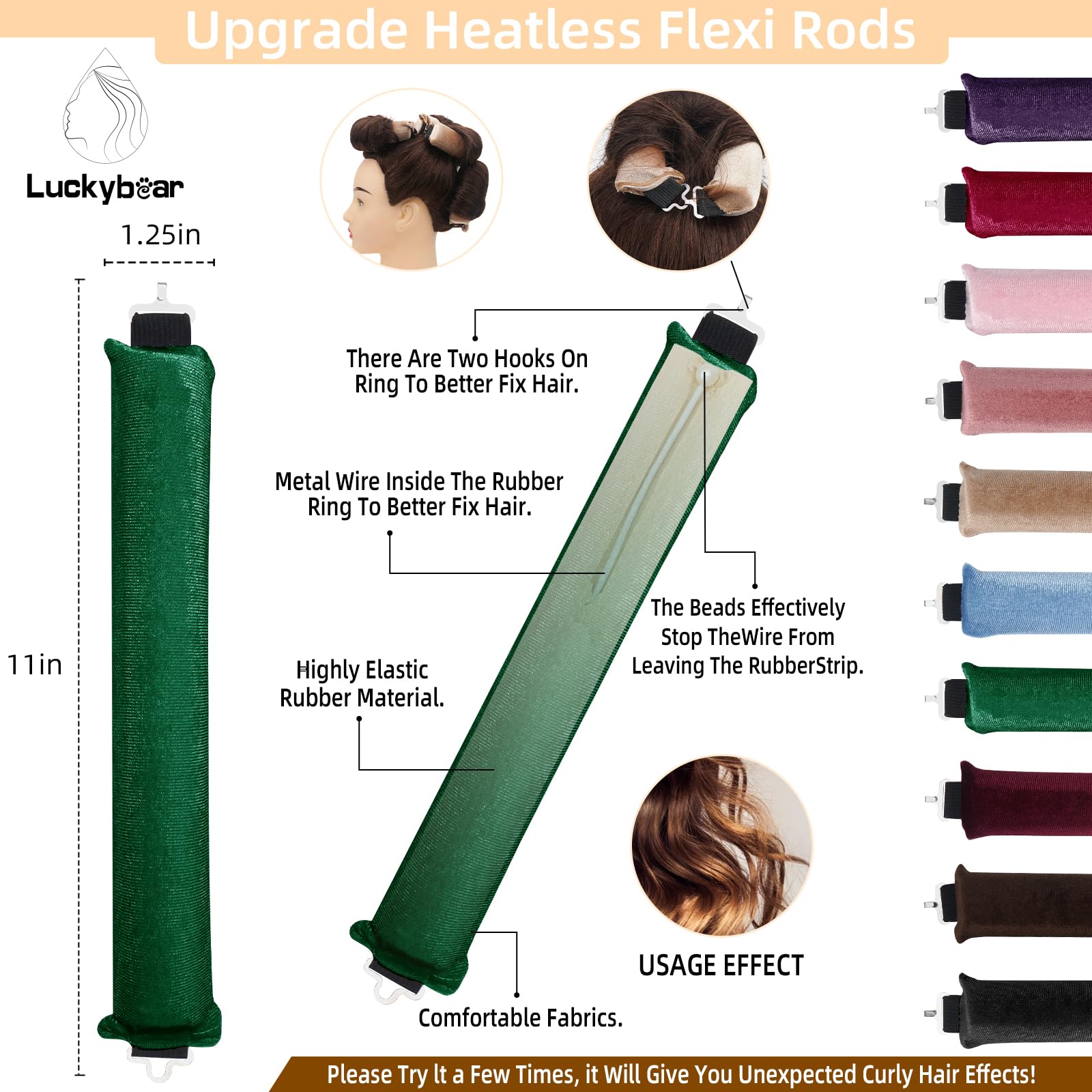 Heatless Hair Curler Rods For Overnight Satin Flexi Curls, Jumbo No-Heat Sleeping Styling Tools For All Hair Types - 3Pcs Green