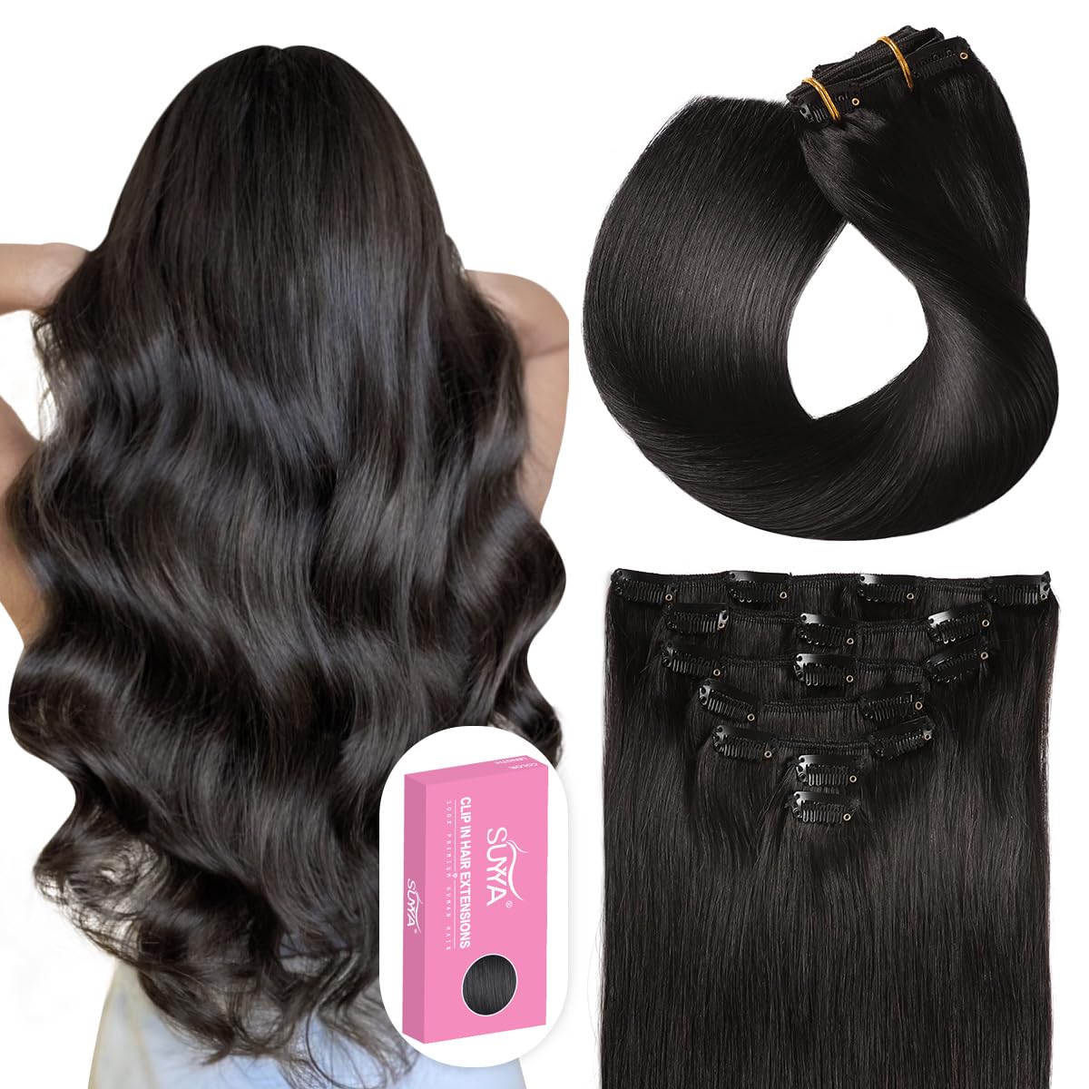 Suyya Clip In Hair Extensions Real Human Hair,Hair Extensions Clip Ins Straight Human Hair Clip Ins Double Weft Natural Black Hu