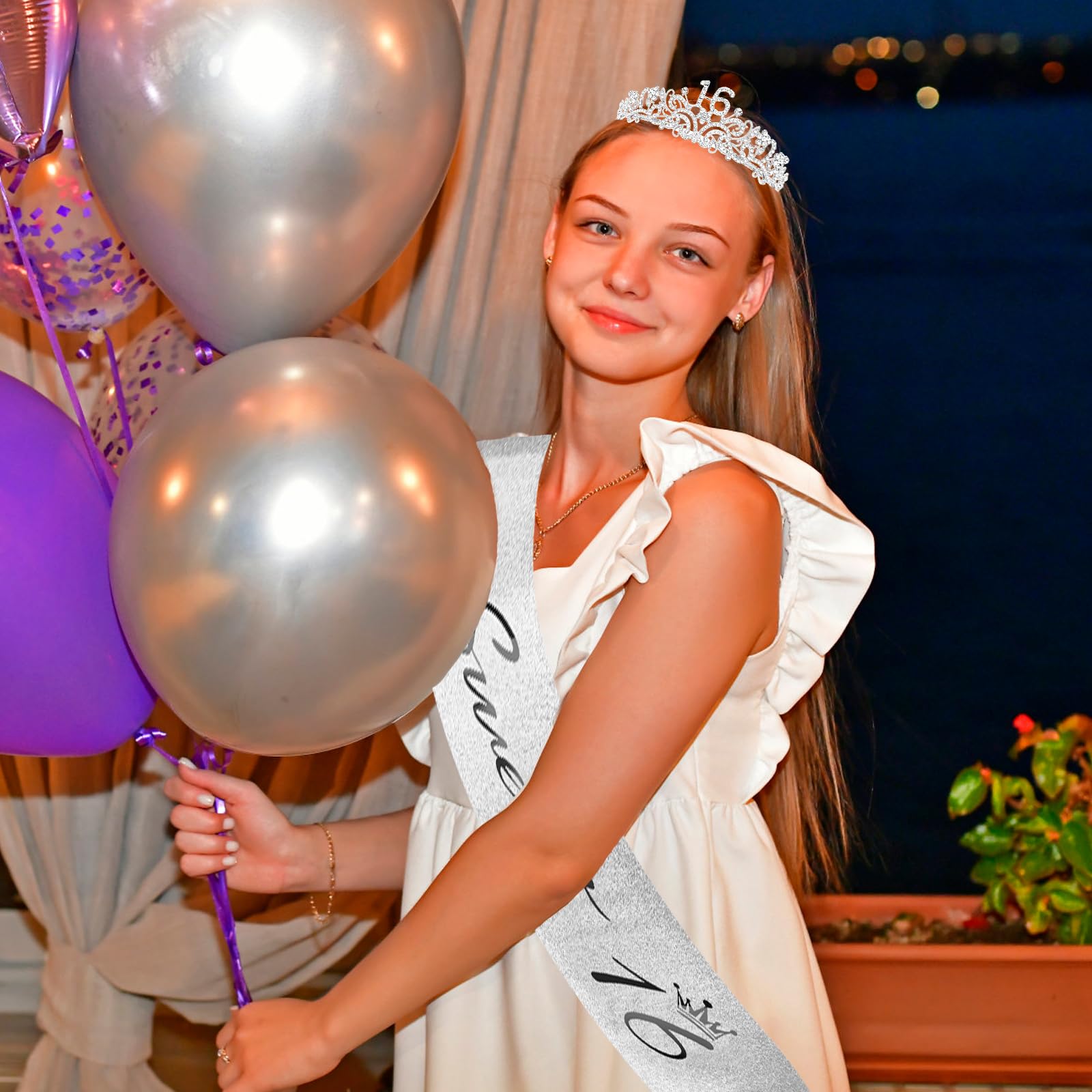 CIEHER Sweet 16 Crown + Sweet 16 Sash + Pearl Pin Set, Sweet 16 Birthday Decorations for Girls, Sweet Sixteen Gifts, 16th Birthd
