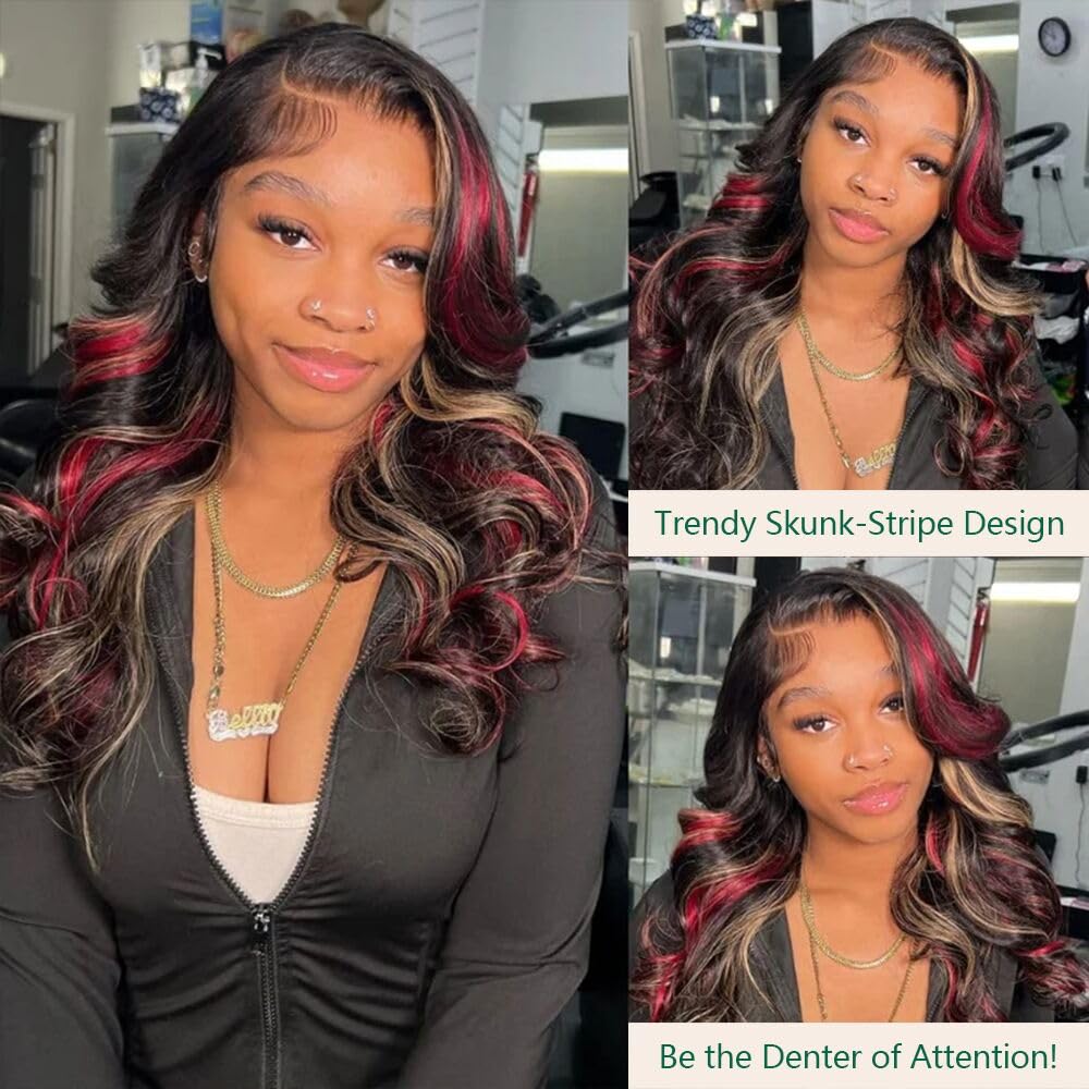 Aolvoblees Skunk Stripe Human Hair Wig Ombre 250% Density 13X4 Body Wave 1B/27/99J Highlight Burgundy HD Lace Front Frontal Glue