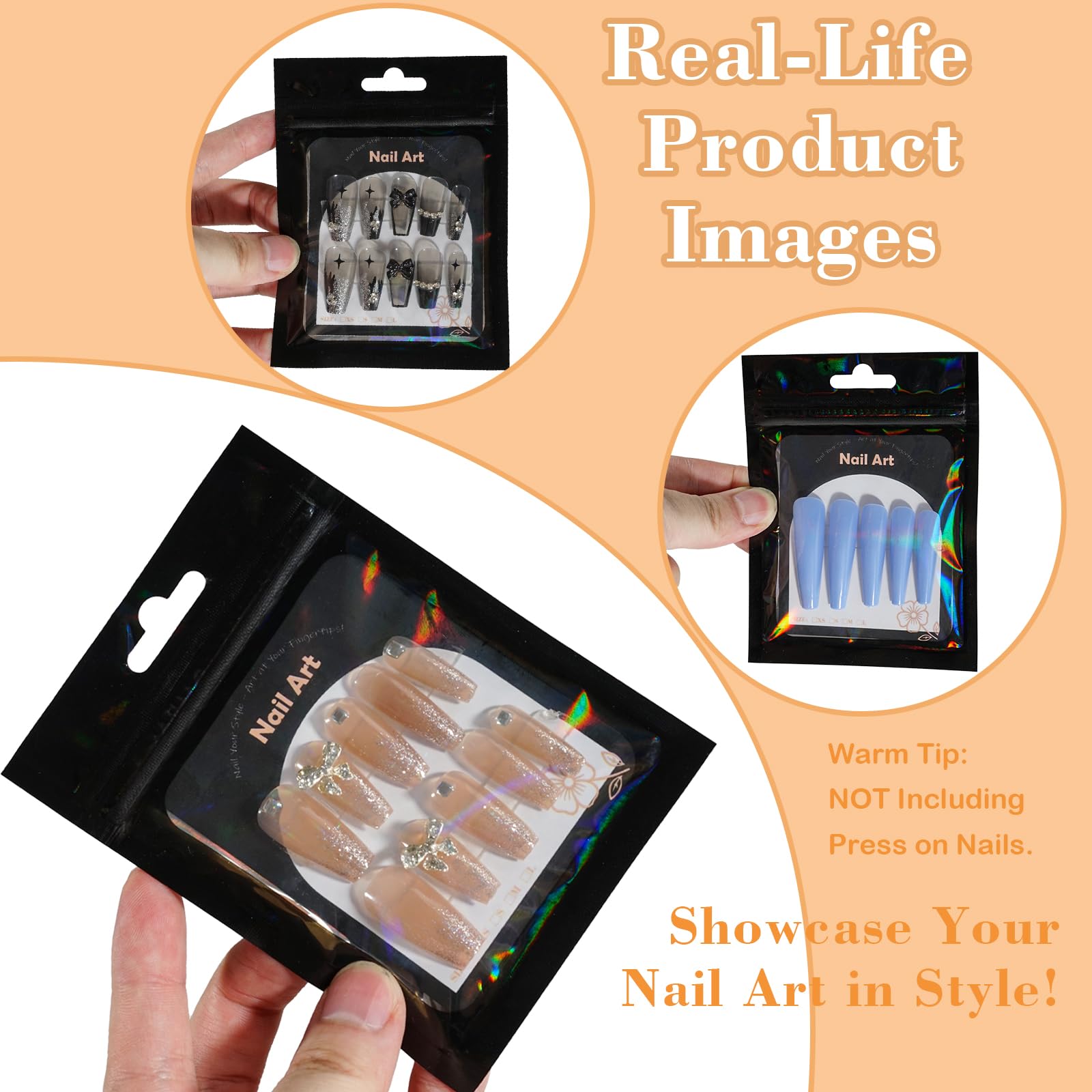 202pcs Press on Nail Packaging Bag, 100pcs Empty Holographic Nail Storage Bag and 100pcs Instruction&Display Black Cardboard wit