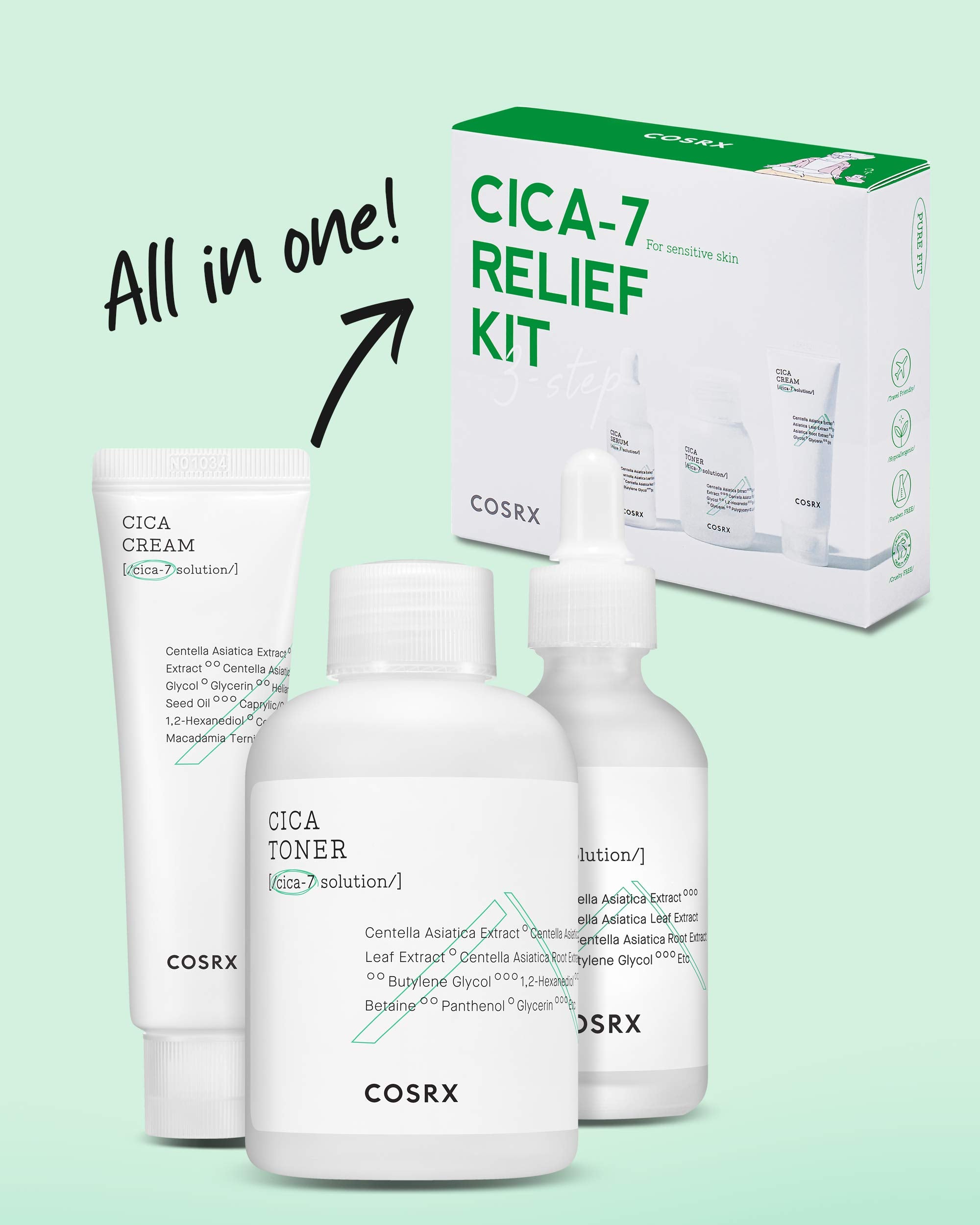 Cosrx Cica Relief Kit | Toner, Serum, Cream With Centella Asiatica | Sensitive Skin, Soothing, Moisturizing | Travel Size Set, G