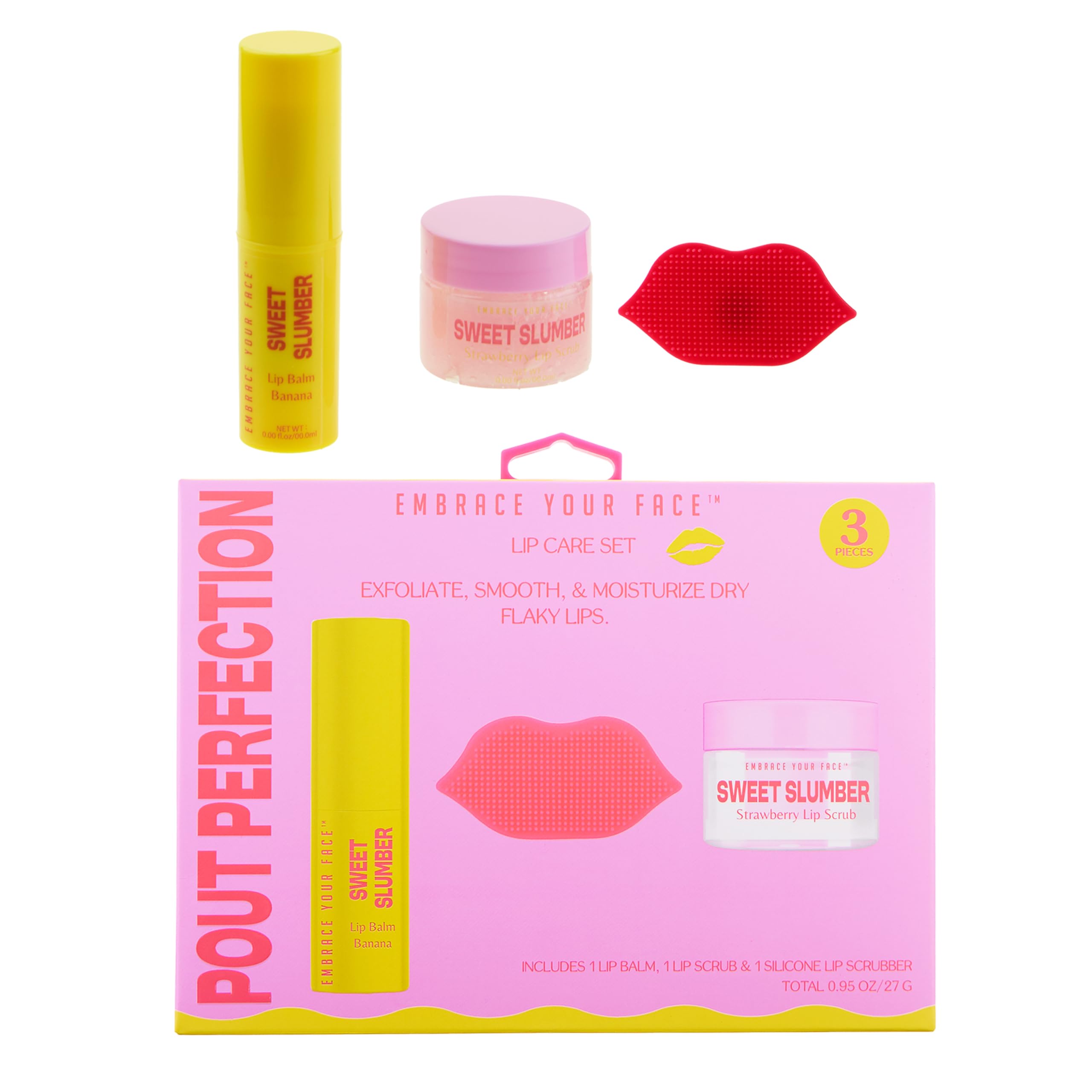 3pc Lip Care Set  Pout Perfection Strawberry Lip Scrub, Banana Lip Balm, and Silicone Lip Scrubber Tool  Exfoliating & Moistur