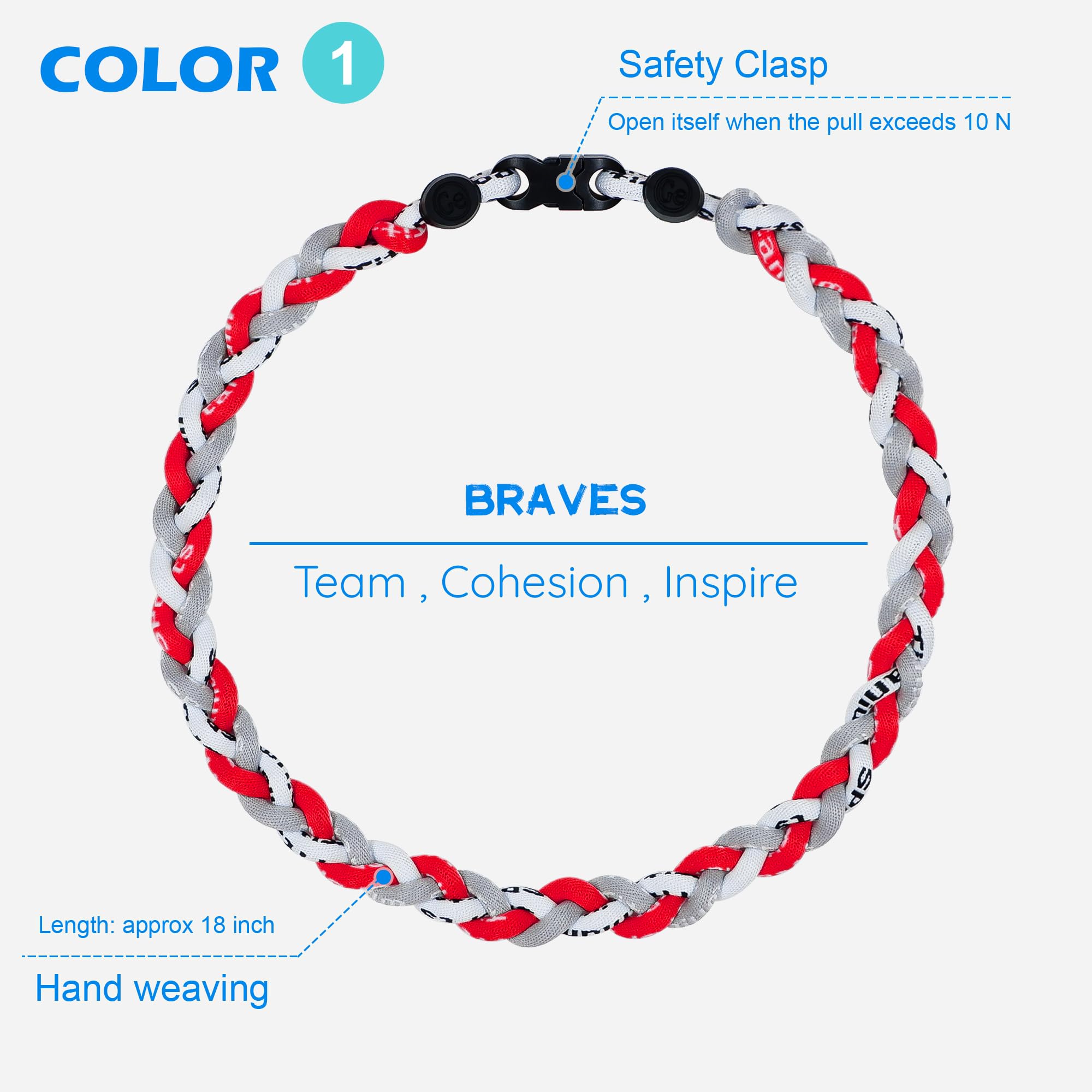 SUPBOMM 3 pcs Baseball Rope Necklaces, League Team Colors Braided Necklace, Baseball Team Gifts, Braves
