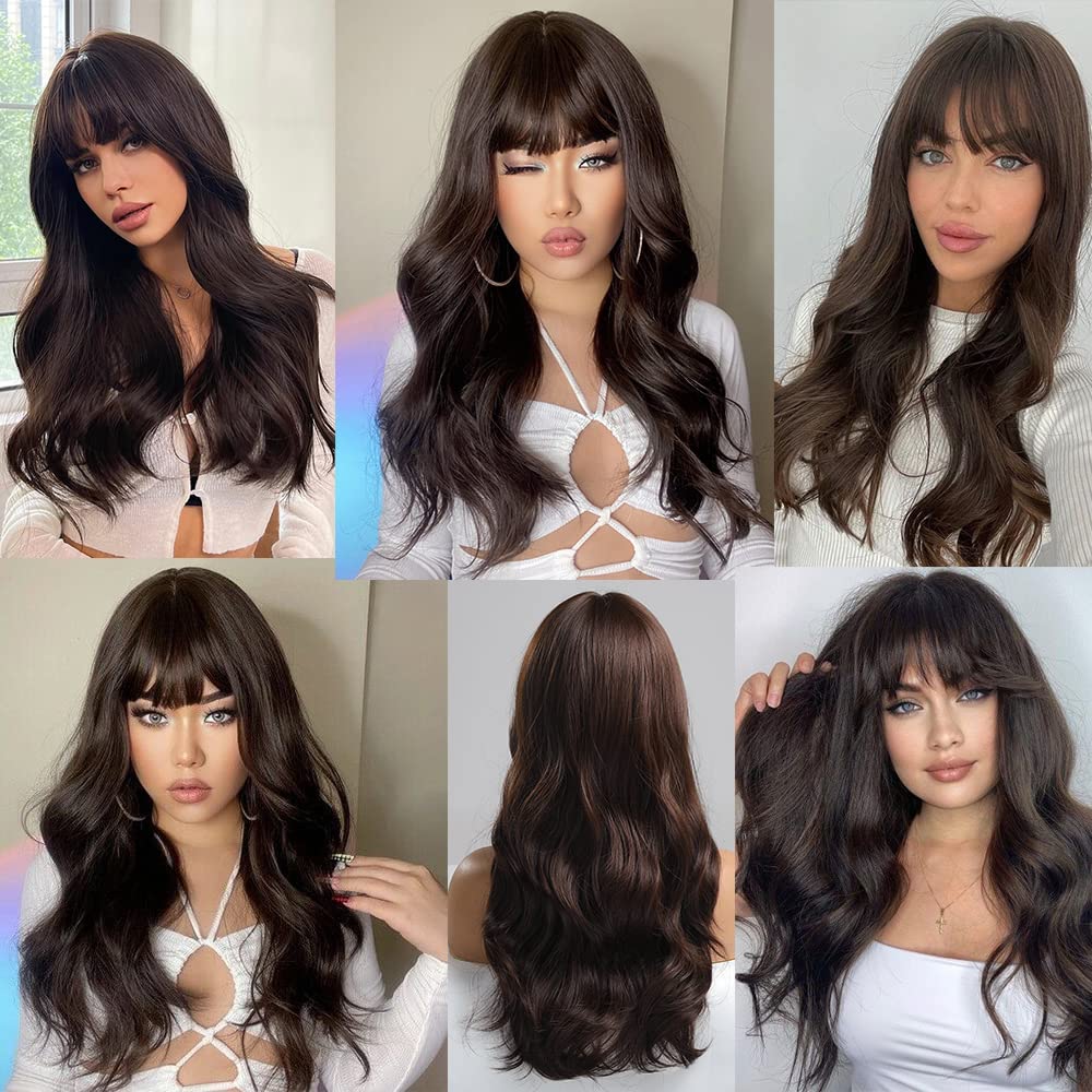 EMMOR Brown Wig with Bangs Long Body Wave Wig for Women Heat Resistant Synthetic Wigs Natural Looking