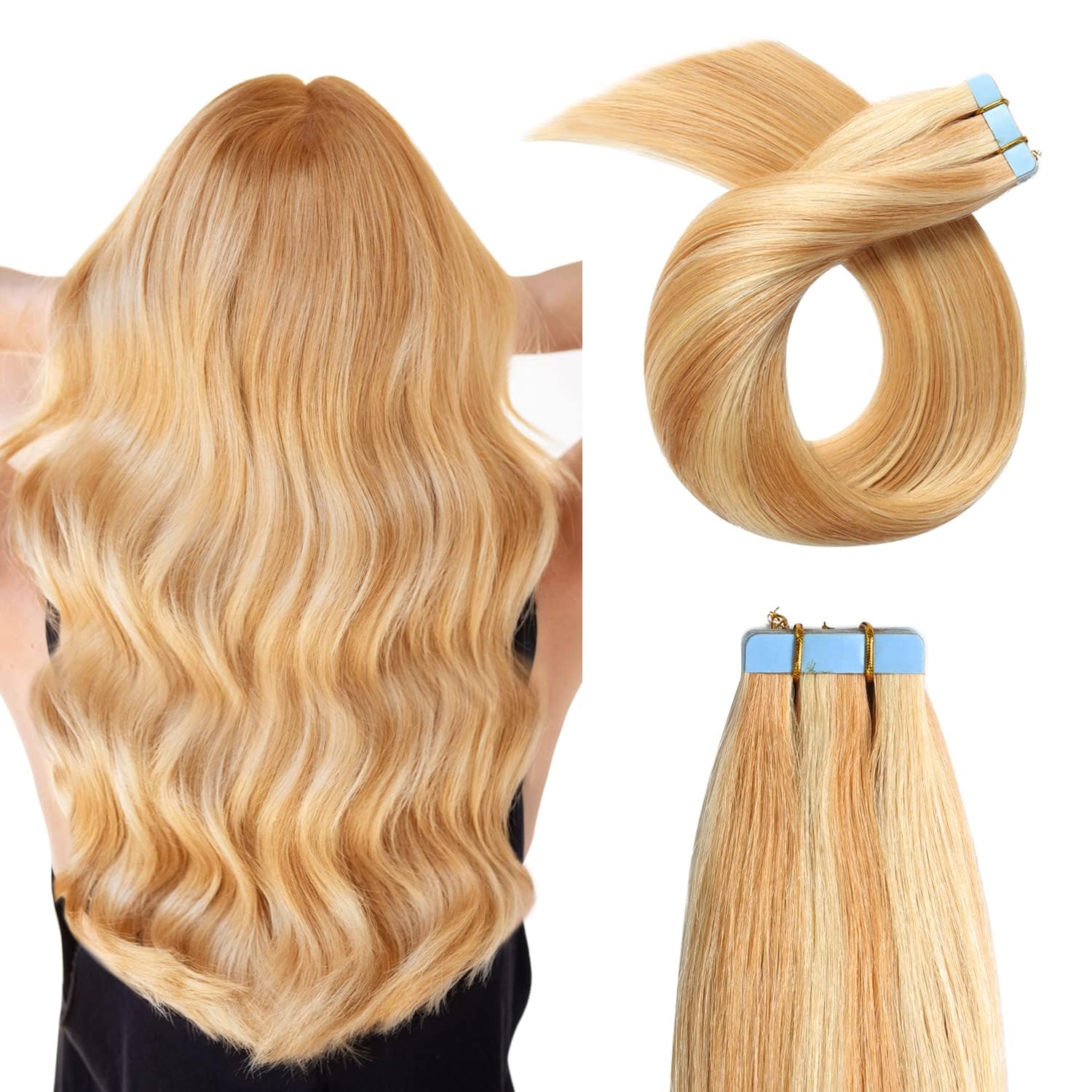 Yilite Tape In Human Hair Extensions 24 Inches 50G 20Pcs Strawberry Blonde #27 Highlighted Bleach Blonde #613 Piano Color, #P27/