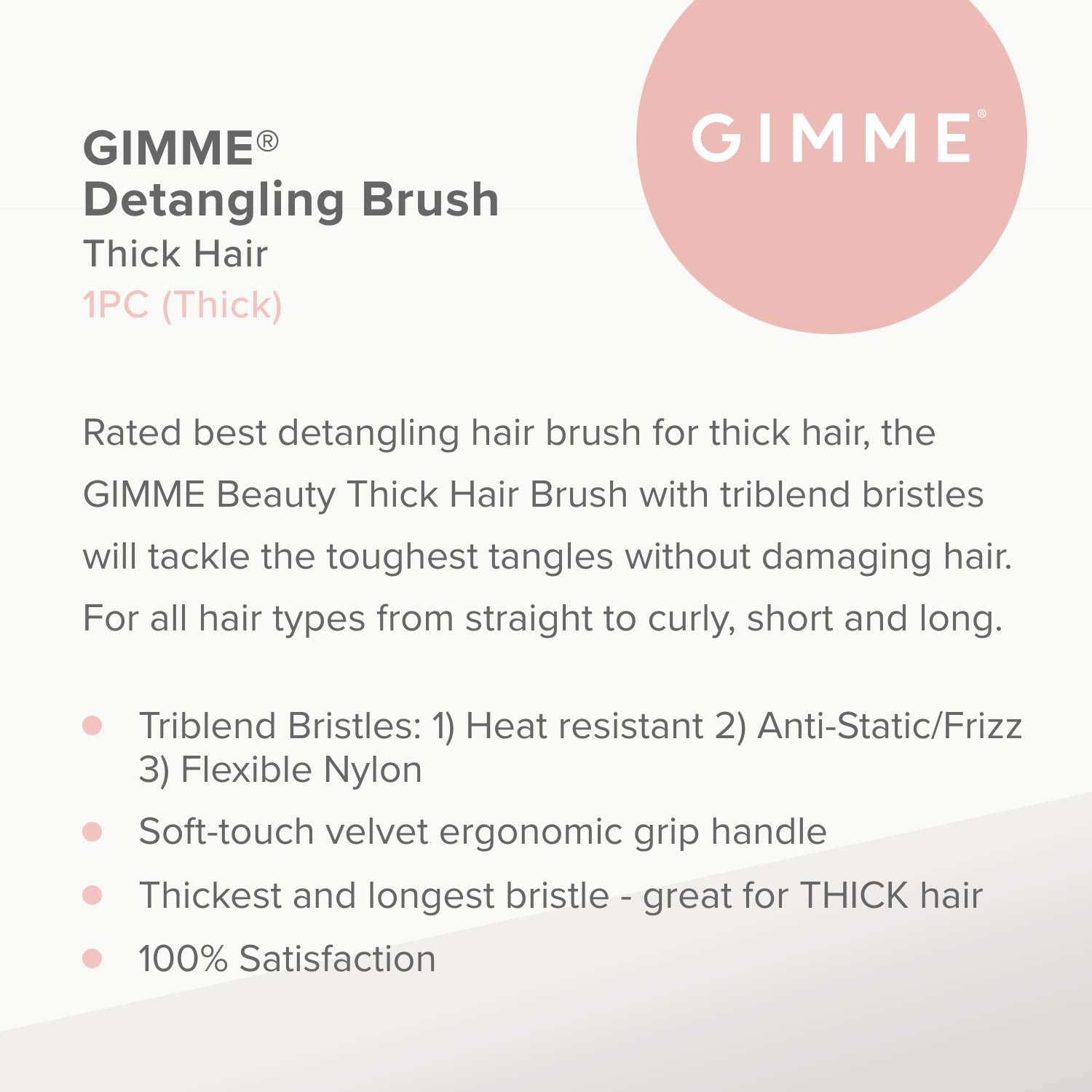 Gimme Beauty - Thick Hair Brush - Damage-Free Detangling Hair Brush with Anti-Static & Heat Resistant Nylon Bristles - Paddle Br