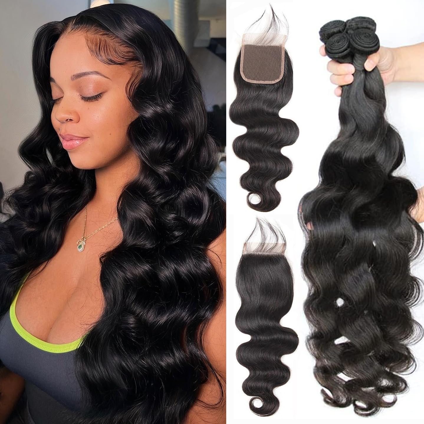 Releek Body Wave 4 Bundles with Closure 100% Unprocessed Brazilian Body Wave Human Hair Weave with 4x4 Free Part Lace Closure Na