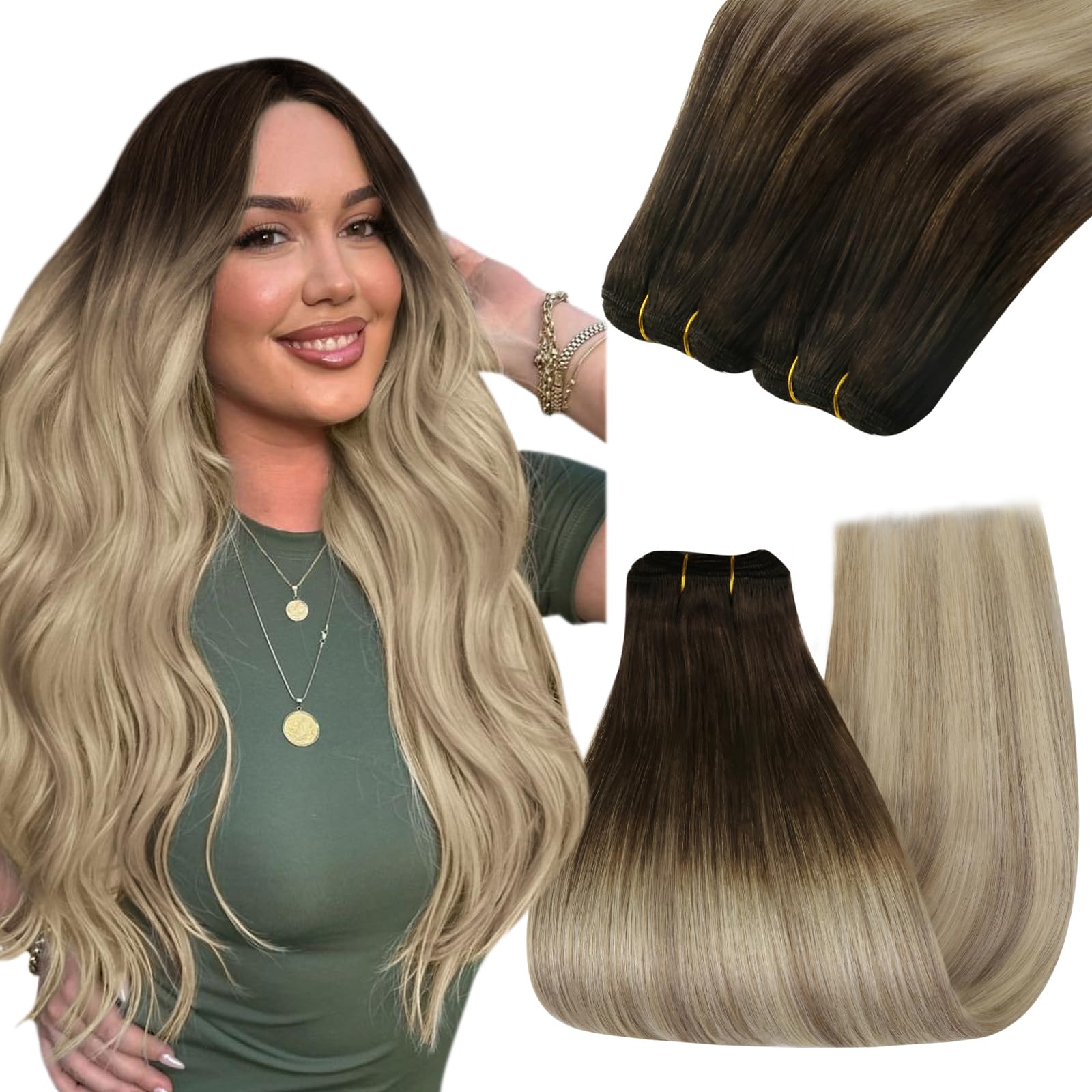 YoungSee Sew in Hair Extensions Real Human Hair Straight Weft Extensions Human Hair Dark Brown Base with Medium Ash Blonde and L