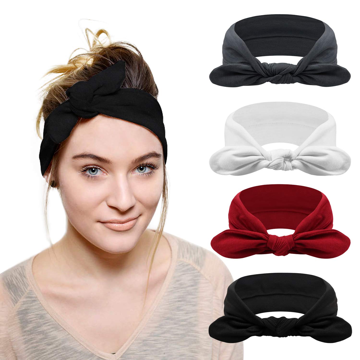 DRESHOW 4 Pack Headbands for Women Bow Knotted Hair Band Facial Cloth Rabbit Ears Running Sport Elastic Hair Wrap