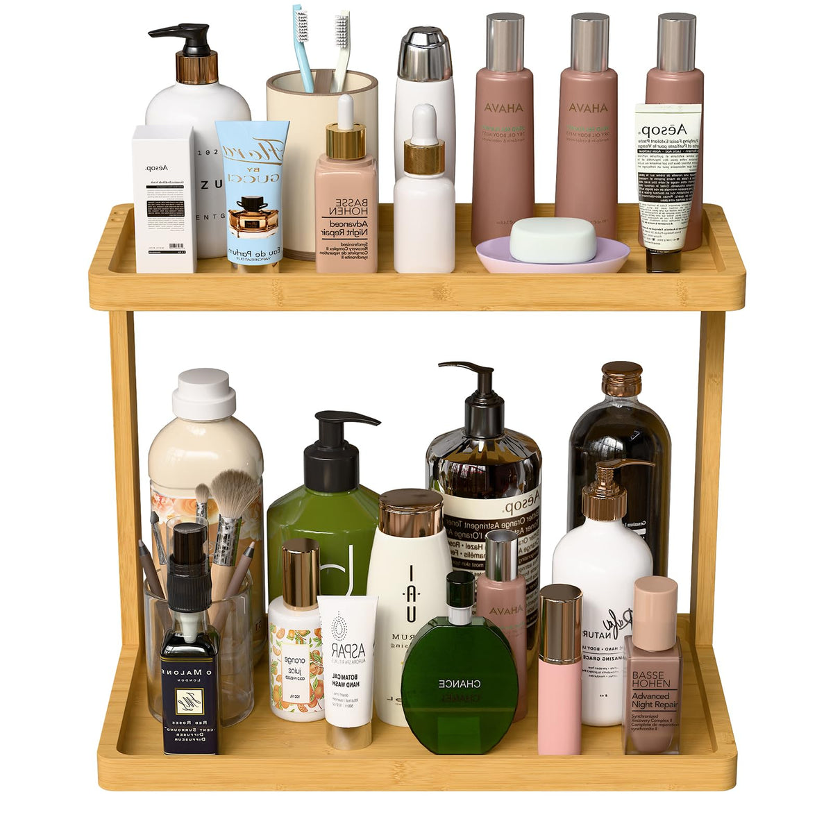 Peker Bamboo Bathroom Organizer Countertop - Small Vanity Storage Shelf For Makeup, Perfume, Skincare - Natural Cosmetics Displa