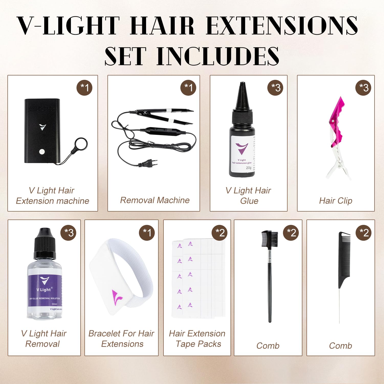 V Light Hair Extensions Kit (Machine Set) V-Light Extension Machine V-Light Extension Remover Machine .V-Light Glue 20G * 3 Wig