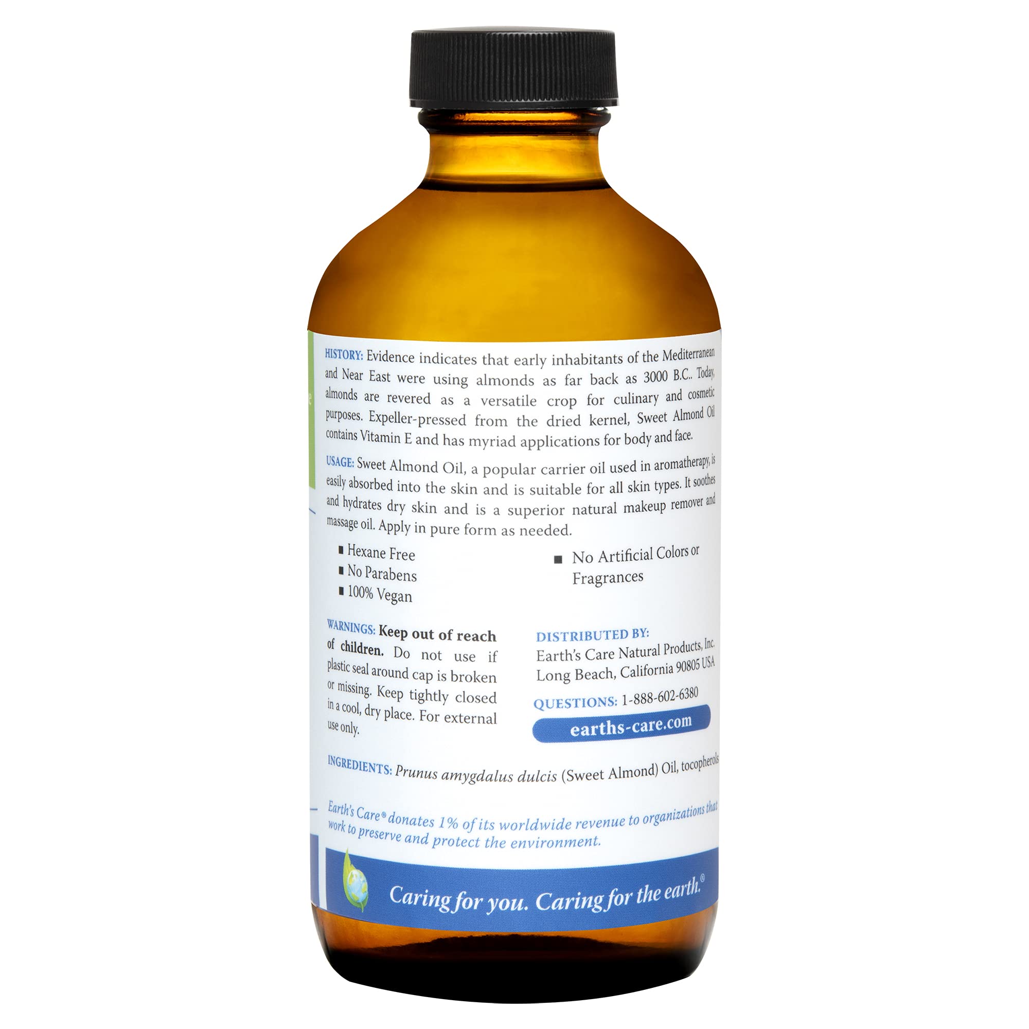 Earths Care Sweet Almond Oil - Expeller Pressed Almond Oil for Skin and Hair 8 FL. OZ. (3 Bottles)
