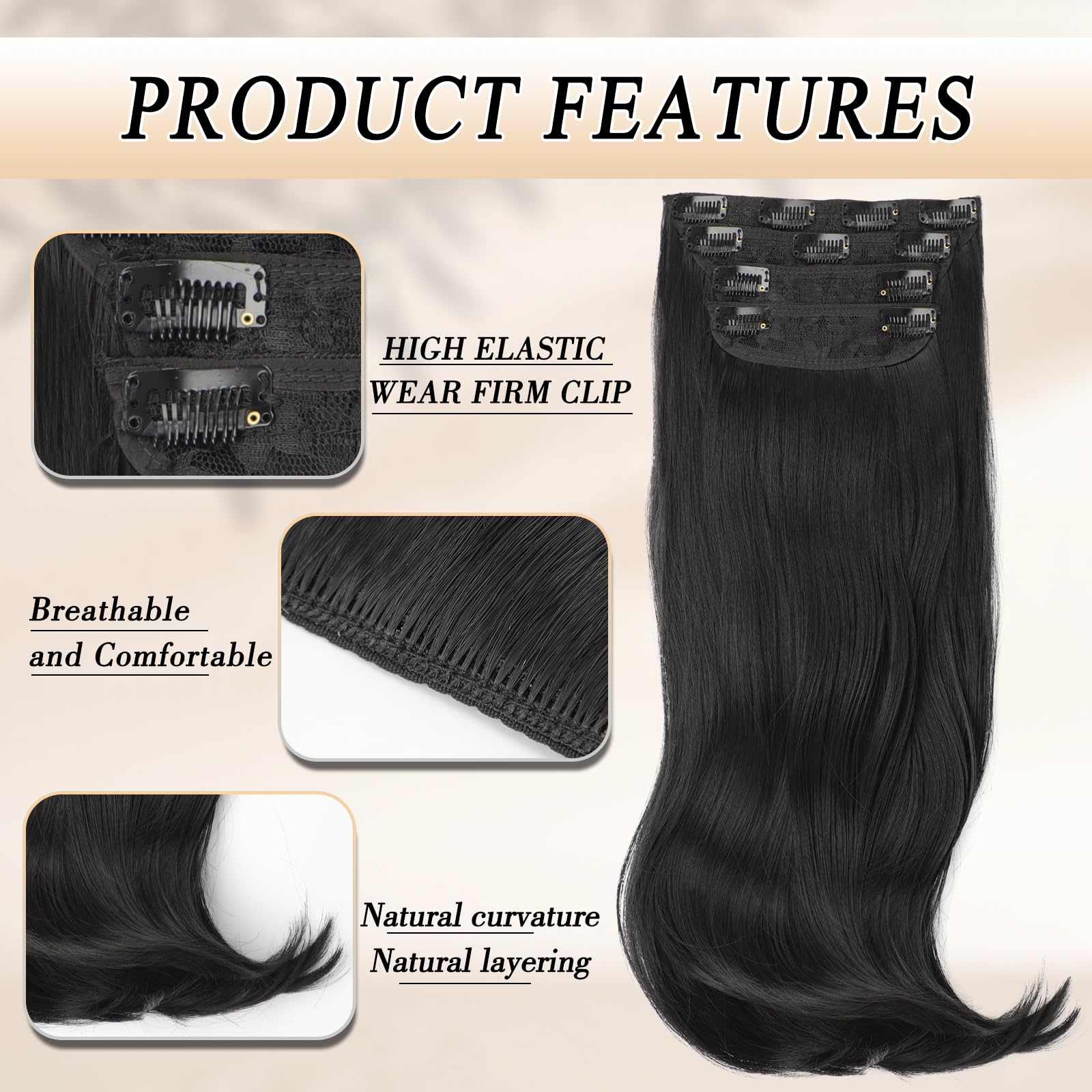 Freemeige Clip In Hair Extensions,Black Hair Extensions For Women Straight Layered Hair Extensions Synthetic Heat Resistant Long