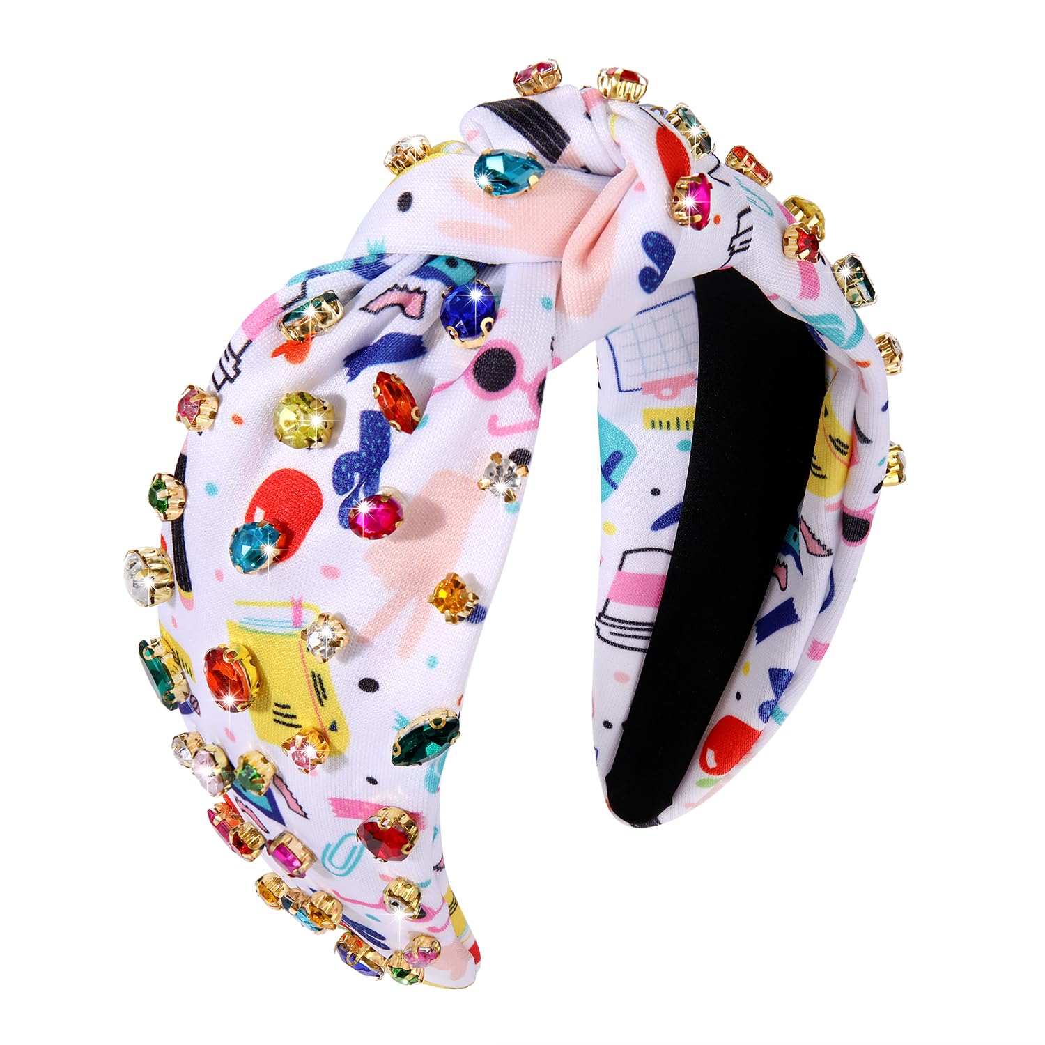 HZEYN Teacher Headband Apple Pencil Knotted Headband Pearl Crystal Embellished Back to School Headbands Teacher Must Haves Hair 