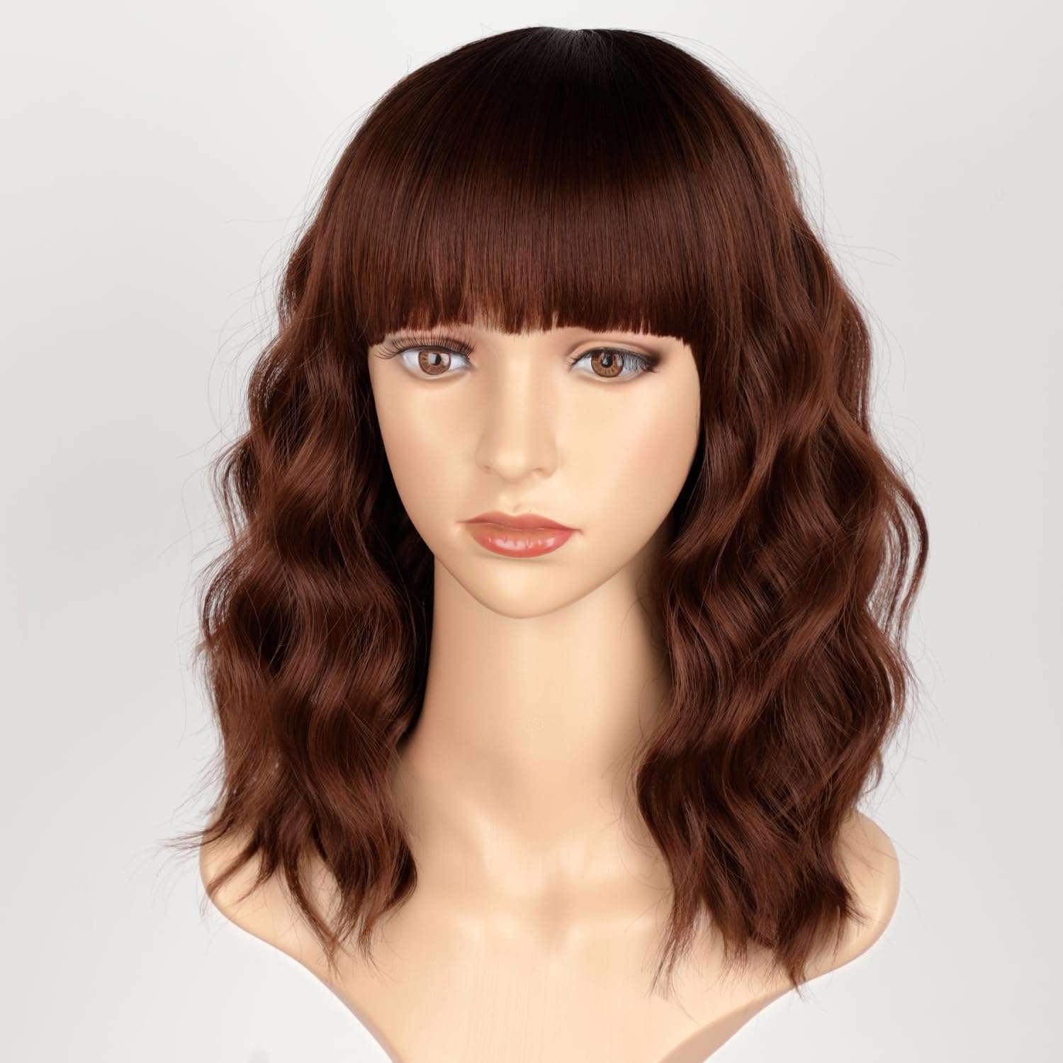 Aisi Hair Synthetic Wavy Curly Bob Wig With Bangs Ombre Reddish Brown Wig Short Bob Wavy Hair Wigs For Women Synthetic Heat Resi