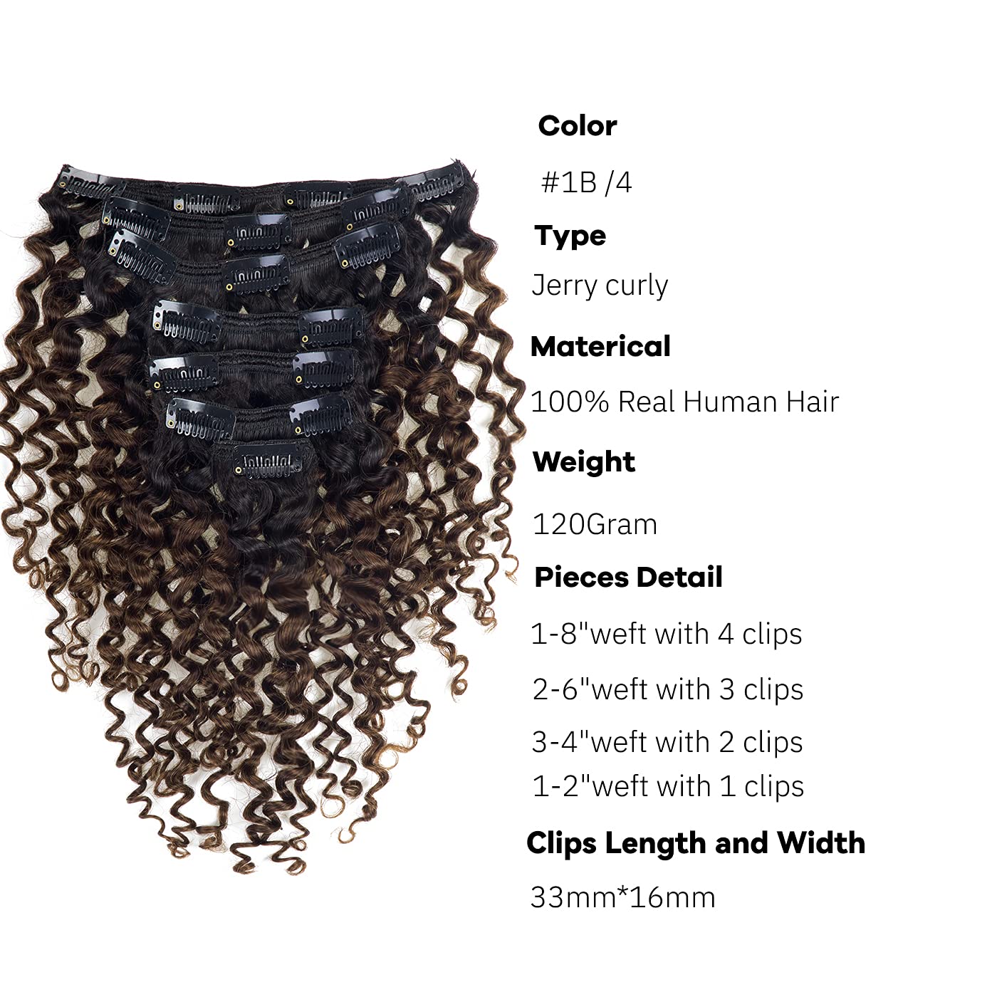 Loxxy Curly Hair Extensions Clip In Human Hair Natural Black Fading To Chocolate Brown Color For Black Women Jerry Curly Clip In