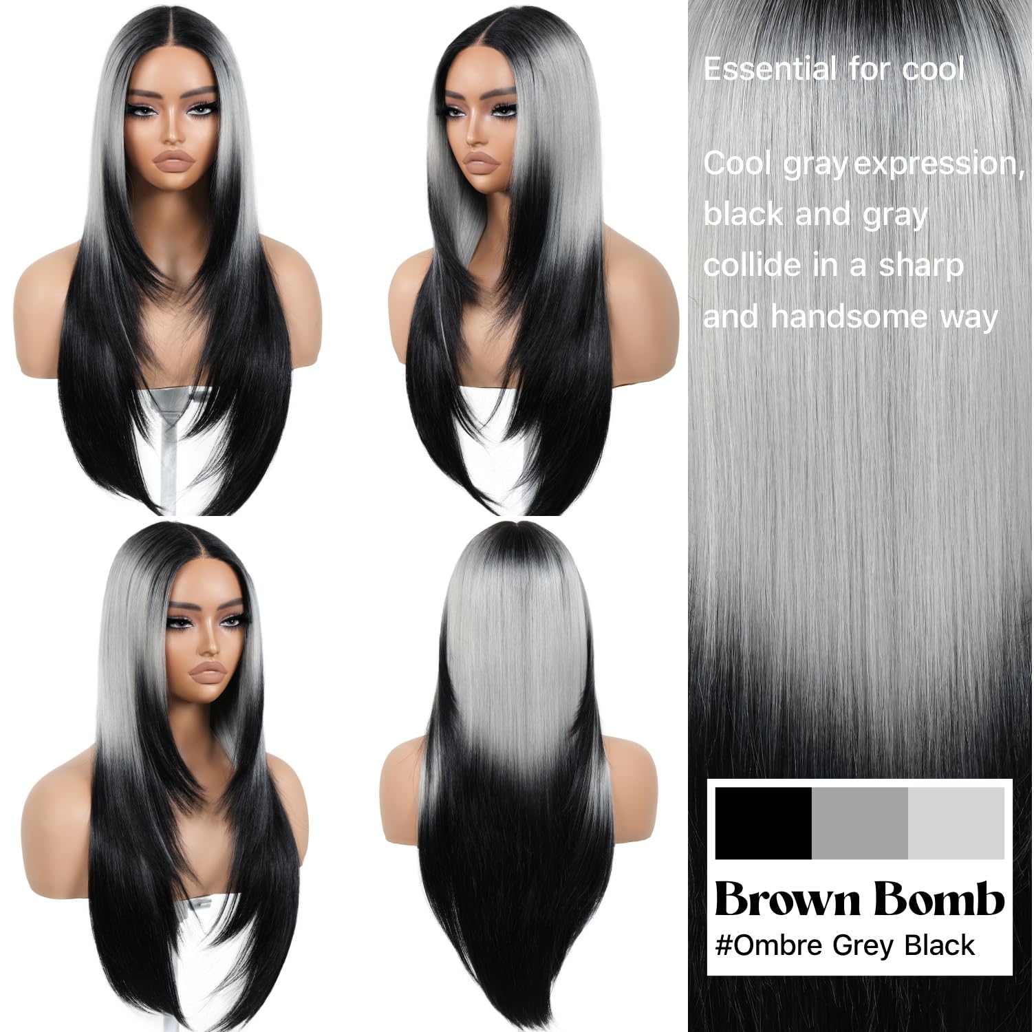 BrownBomb Ombre Sliver Grey Wear and Go Glueless Wigs Pre Plucked Pre Cut for Beginners Synthetic Lace Front Wigs With Bangs Lon