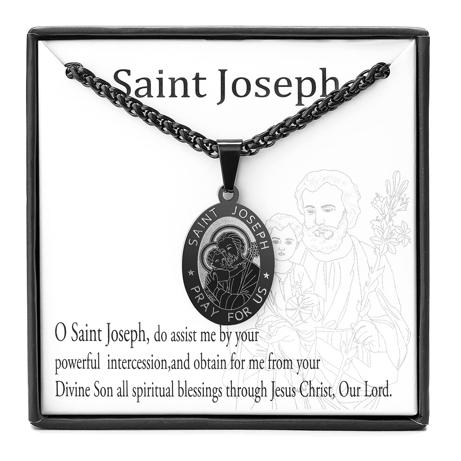Zocomi Black Saint St Joseph Medal Necklace for Men Boys, St. Joseph Pendant Chain Jewelry Catholic Christian Religious Baptism 