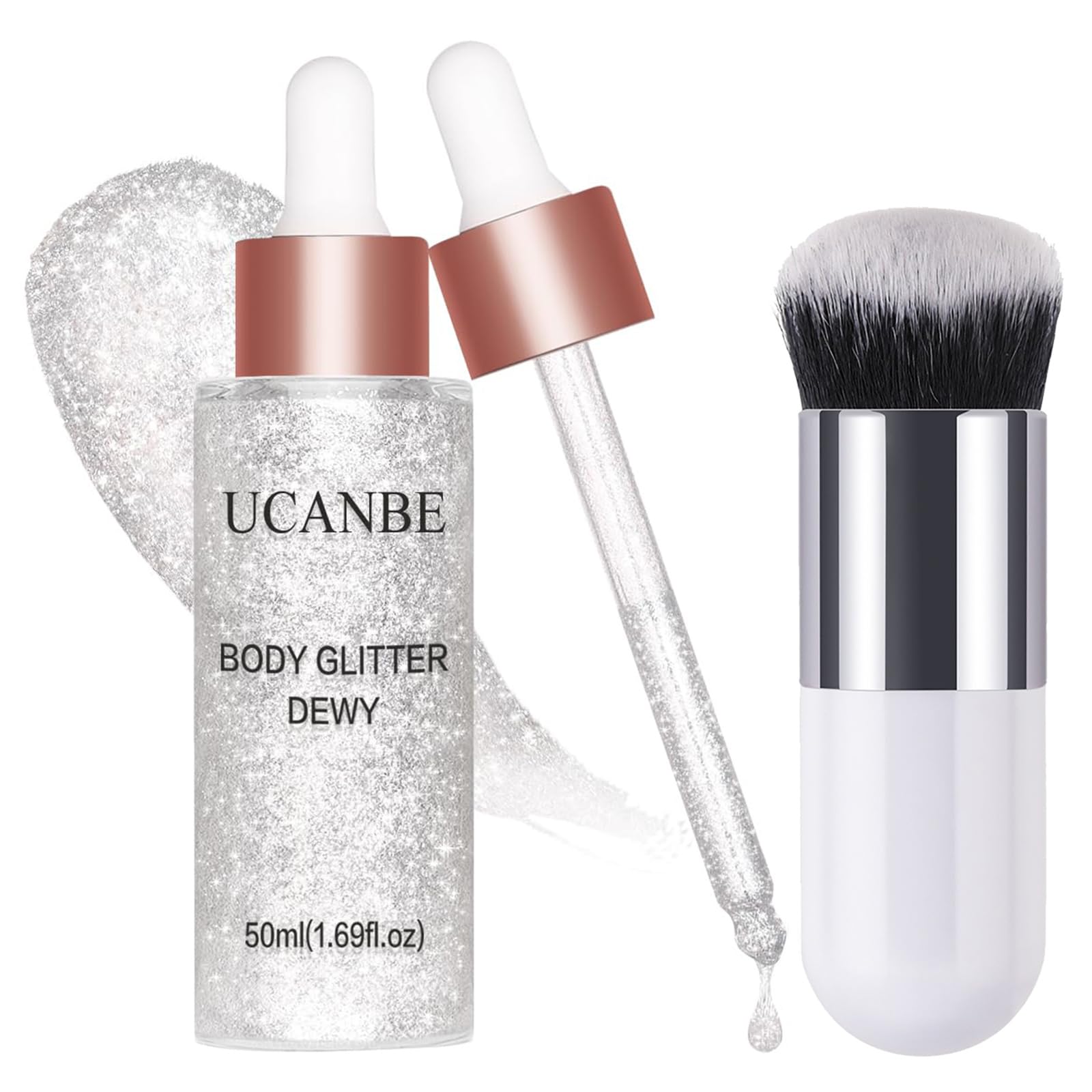 UCANBE Face Body Glitter Liquid Highlighter Illuminator Dewy Drops with Makeup Brush, Makeup Sparkle Shine Luminizer Enhancer Sk