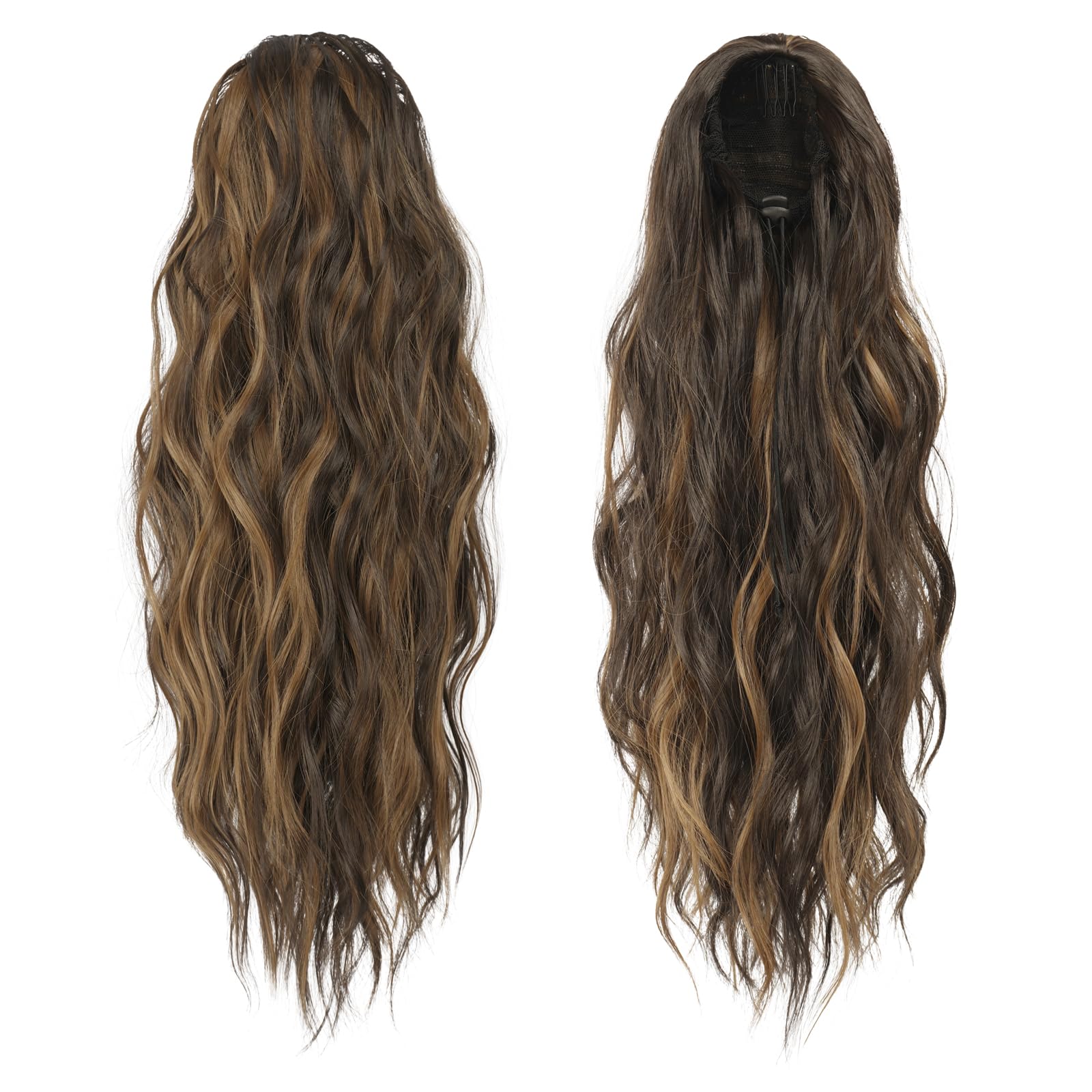 Feshfen Ponytail Extensions, Drawstring Ponytails Hair Extension Black Brown Mix Golden Blond Long Curly Wavy Hair Piece Synthet