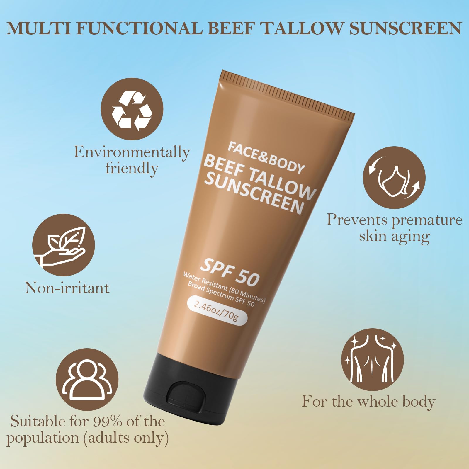 Tallow Sunscreen, Beef Tallow for Skin, Grass Fed Beef Tallow Sunscreen, Non Greasy Organic Natural Unscented Formula for Sensit