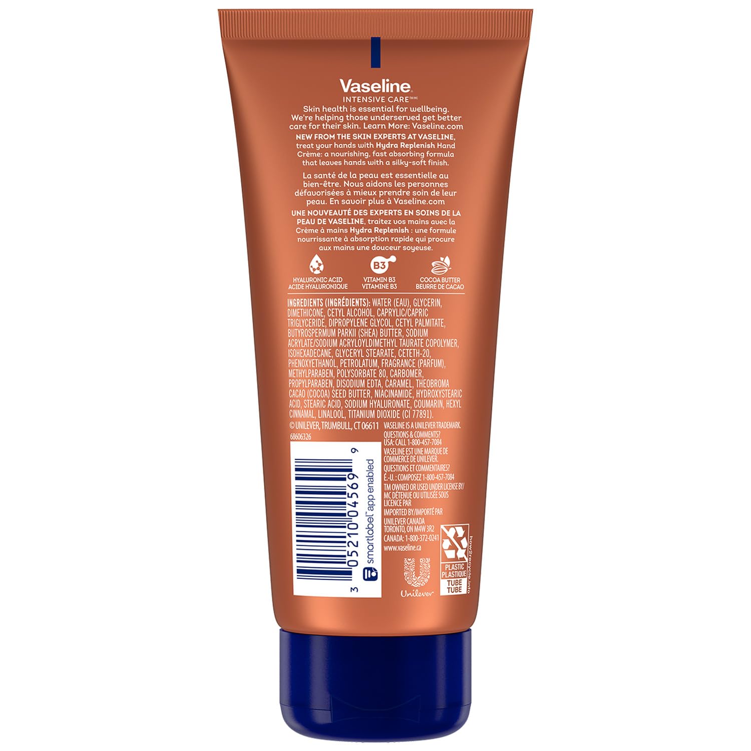 Vaseline Hand Cream 2-Pack - Hydra Replenish Hand Crme, Petroleum Jelly, Hyaluronic Acid, Cocoa Butter Lotion For Dry Skin With