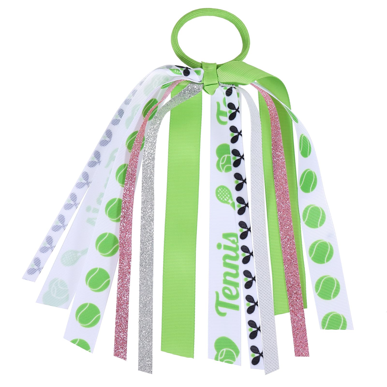 Tennis Ponytail Holder Streamer Hair Tie for Girls, 8.7 Glitter Ribbon No Crease Elastic Band Accessory with Tennis Racket Desig