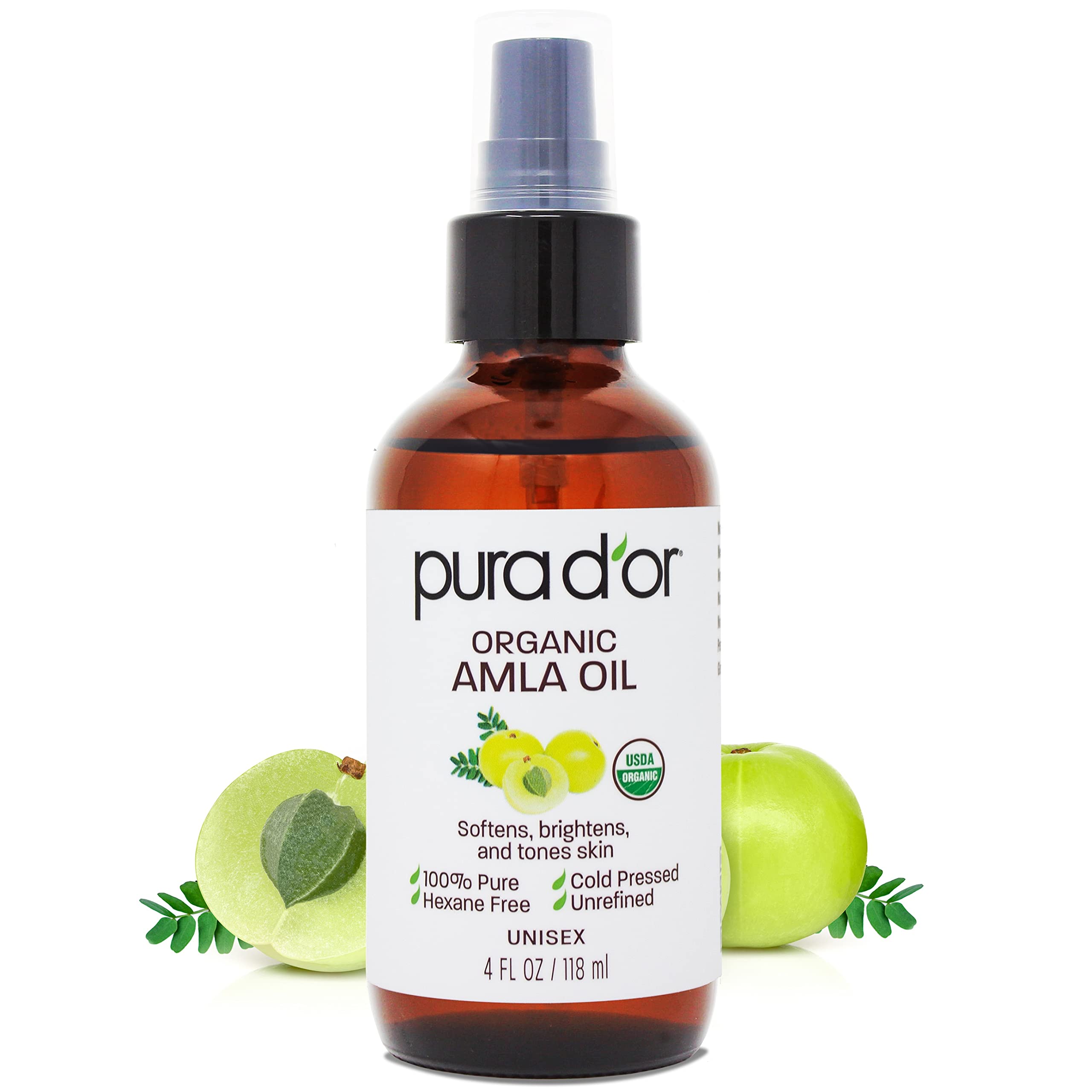 Pura D'Or 4 Oz Organic Amla Oil, 100% Pure Usda Certified Premium Grade Oil, Cold Pressed, Unrefined, Extra Virgin, Indian Hair