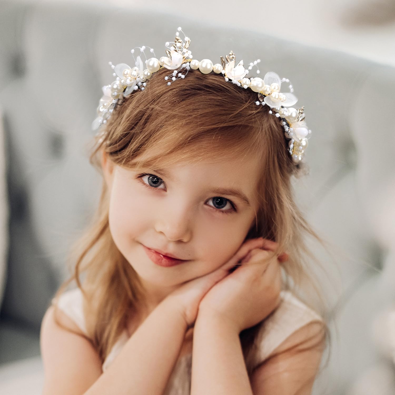 Nqeuepn Flower Girl Hair Accessories, 13.7 X 1.96 Inch Tiara Wedding White Children'S Hair Accessories Adjustable Girl Flower He