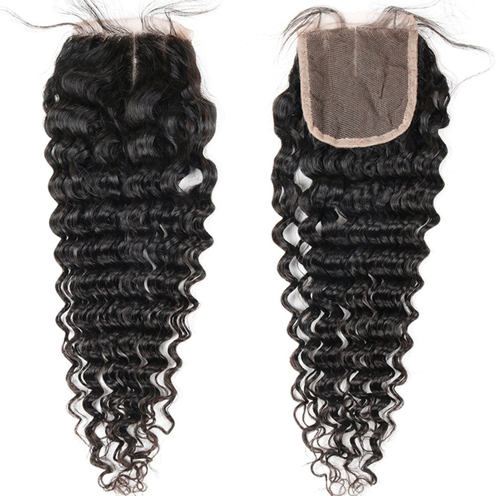 Brazilian Deep Wave Bundles With Closure Virgin Human Hair Bundles With Closure 4  4 Lace Mixed Length Hair Bundles Natural Colo