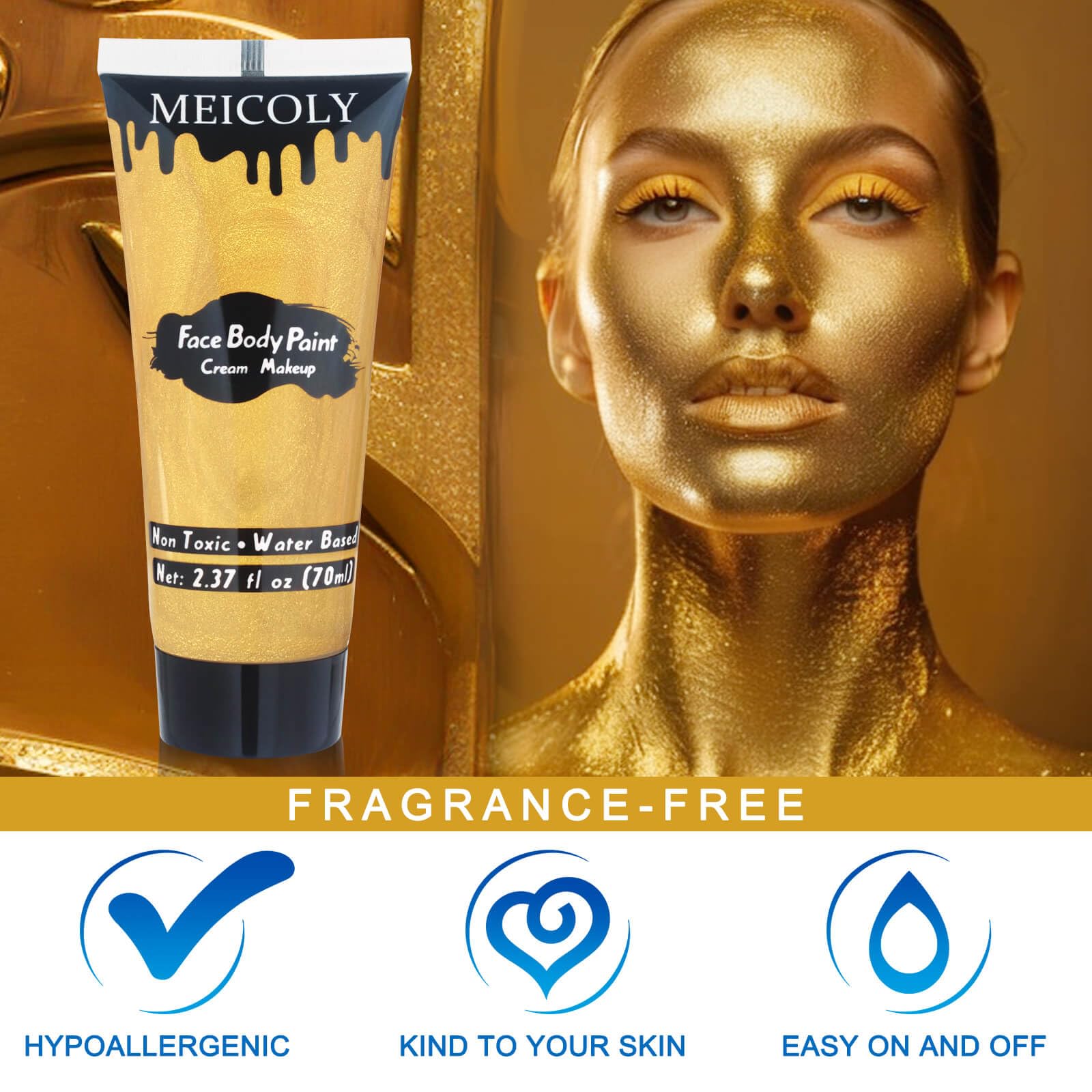 Meicoly Cream Metallic Gold Face Body Paint,2.37Oz Large Tube Water Based Full Body Paint For Adults And Children,Professional G