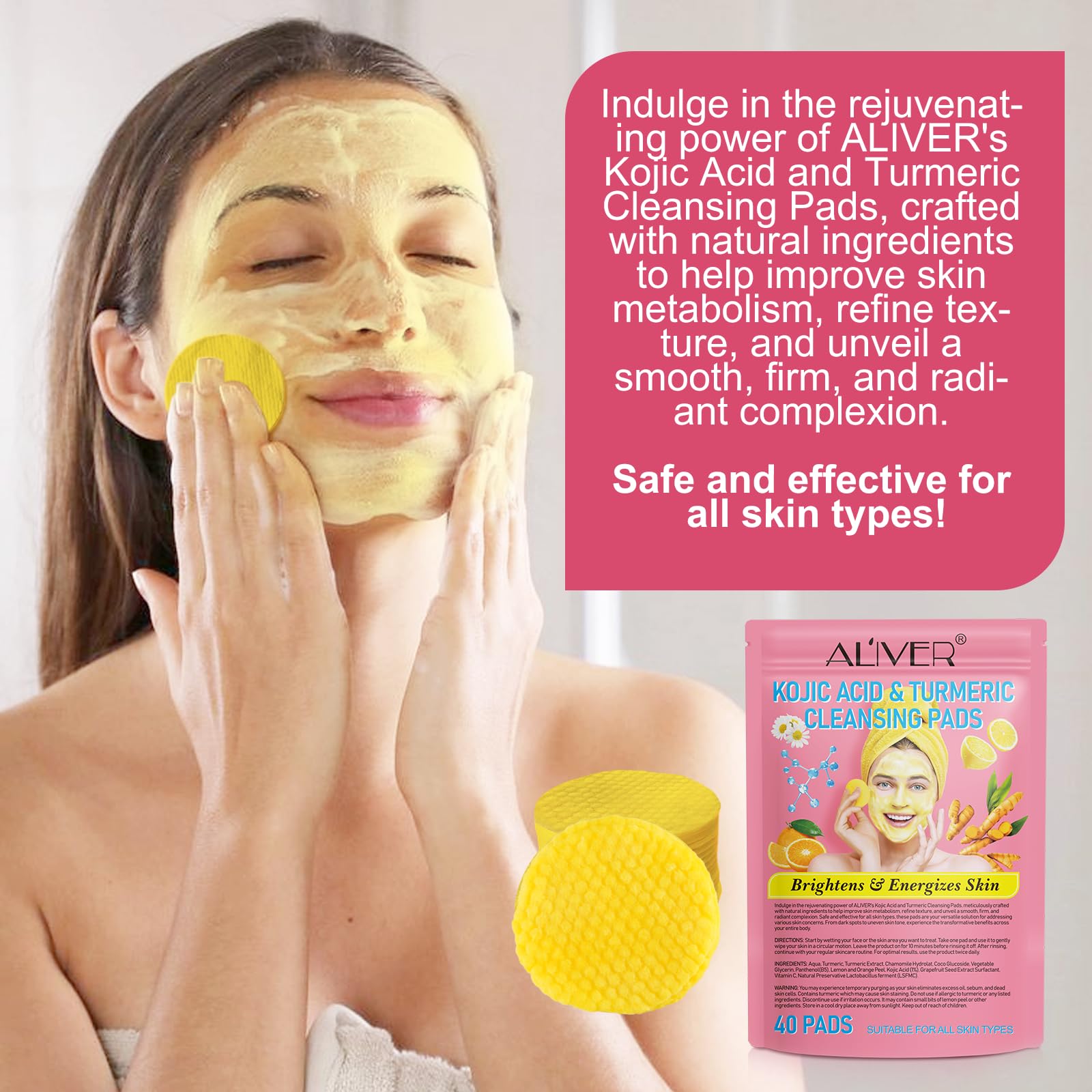 Kojic Acid And Turmeric Cleansing Pads, Turmeric Kojic Acid Cleansing Pads With Vitamin B5, Vitamin C, Turmeric Kojic Acid Lemon