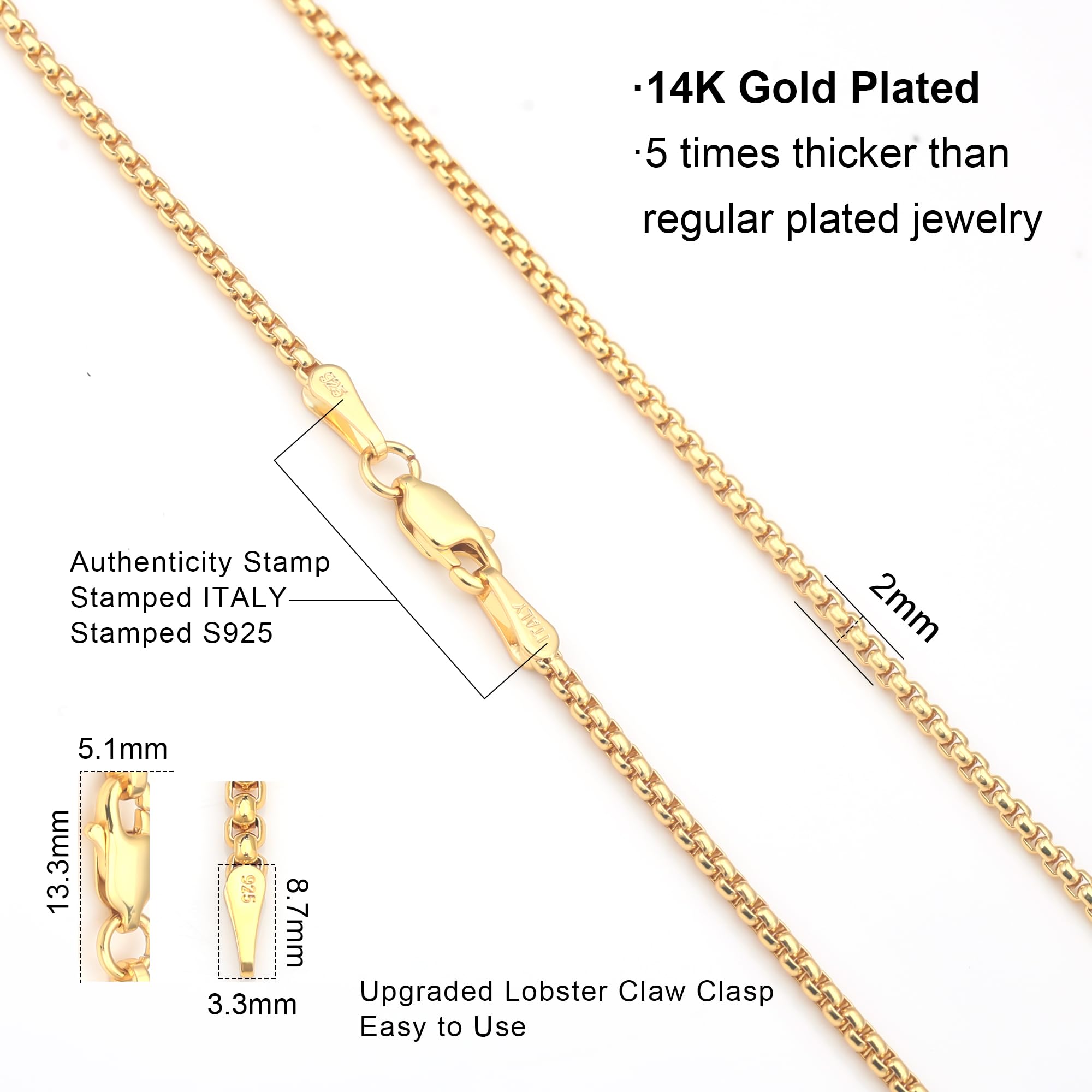 Waitsoul 925 Sterling Silver Box Chain Lobster Clasp 2mm Gold Chain for Women Men Gold Necklace Chain 16-30 Inches (20)