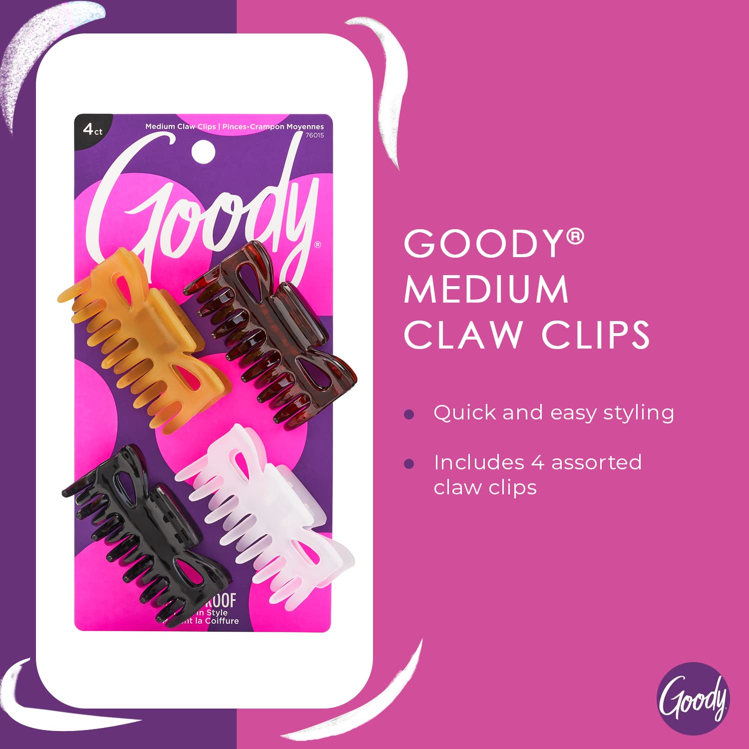 Goody Classics Medium Claw Clips , Assorted Colors - Great for Easily Pulling Up Your Hair - Pain-Free Hair Accessories for Wome