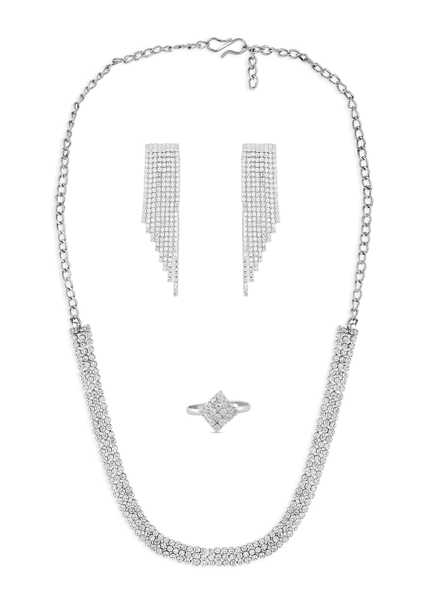 Zaveri Pearls Silver Austrian Diamonds Party Bling Necklace Earring & Ring Set For WomenZpfk16570